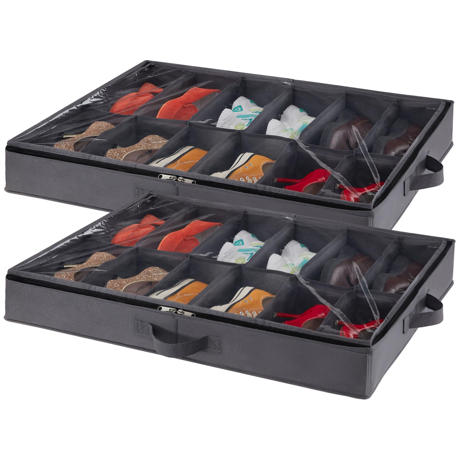 Lifewit Under Bed Shoe Storage Organizer for Closet, Underbed Storage Container Box with Clear Cover See Through Window Fabric Storage Bins with 2 Handles Total Fits 24 Pairs of Shoes, 2 Pack, Grey
