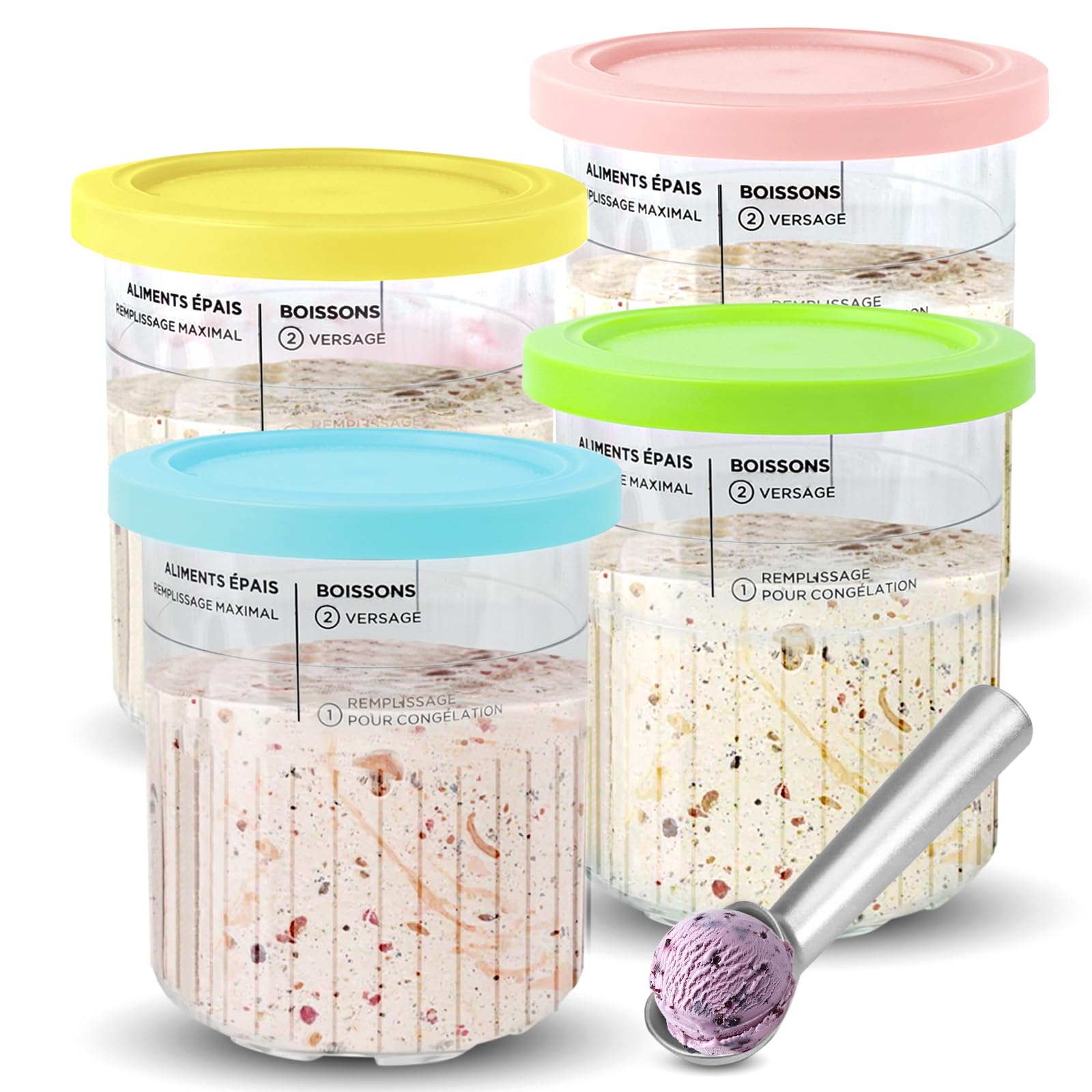 4 Pack Creami Containers Compatible with Ninja NC500 and NC501 Series Ice Cream Makers, Reusable Ice Cream Pints and Lids Replacement Parts Fit for Ninja Creamy