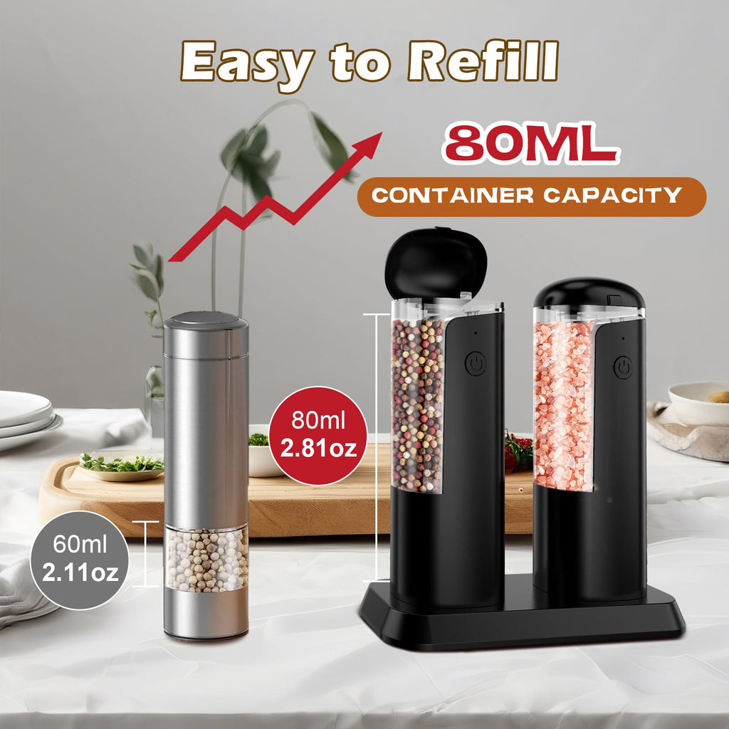 Automatic Pepper Grinder Salt Mill: Rechargeable Salt and Pepper Mill Set Electric Salt Grinder Adjustable Pepper Mills Refillable Salt Pepper Grinders Large Capacity Automatic Salt Shaker