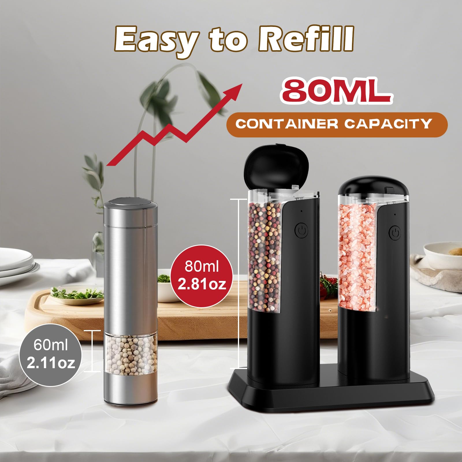 Automatic Pepper Grinder Salt Mill: Rechargeable Salt and Pepper Mill Set Electric Salt Grinder Adjustable Pepper Mills Refillable Salt Pepper Grinders Large Capacity Automatic Salt Shaker