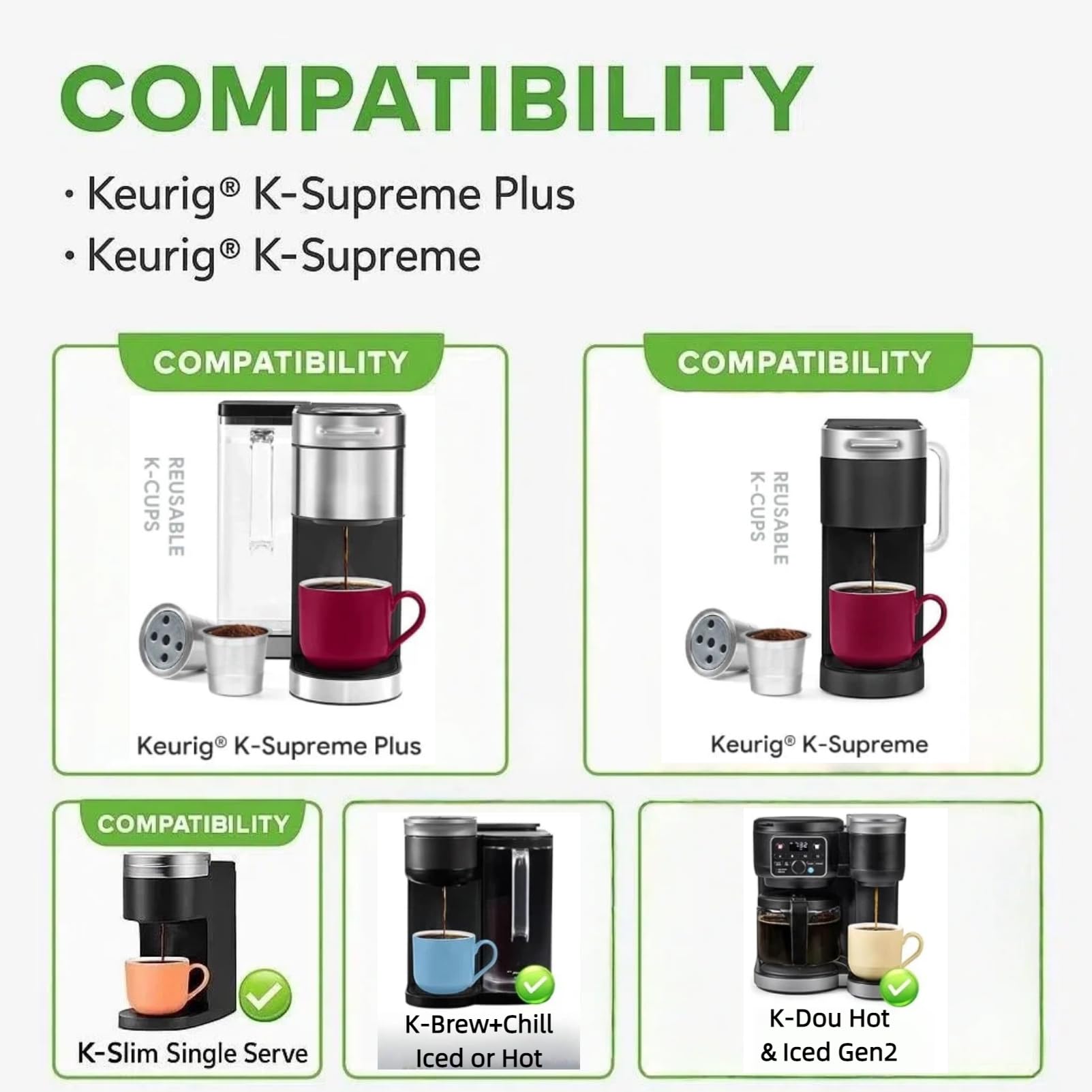 2 Pack Stainless Steel Reusable K Cups for K eurig Supreme & Supreme Plus/K Slim/K-Duo Gen2/K-Brew Chill, Five Hole Universal K-eurig Refillable Coffee pod Filter with MultiStream