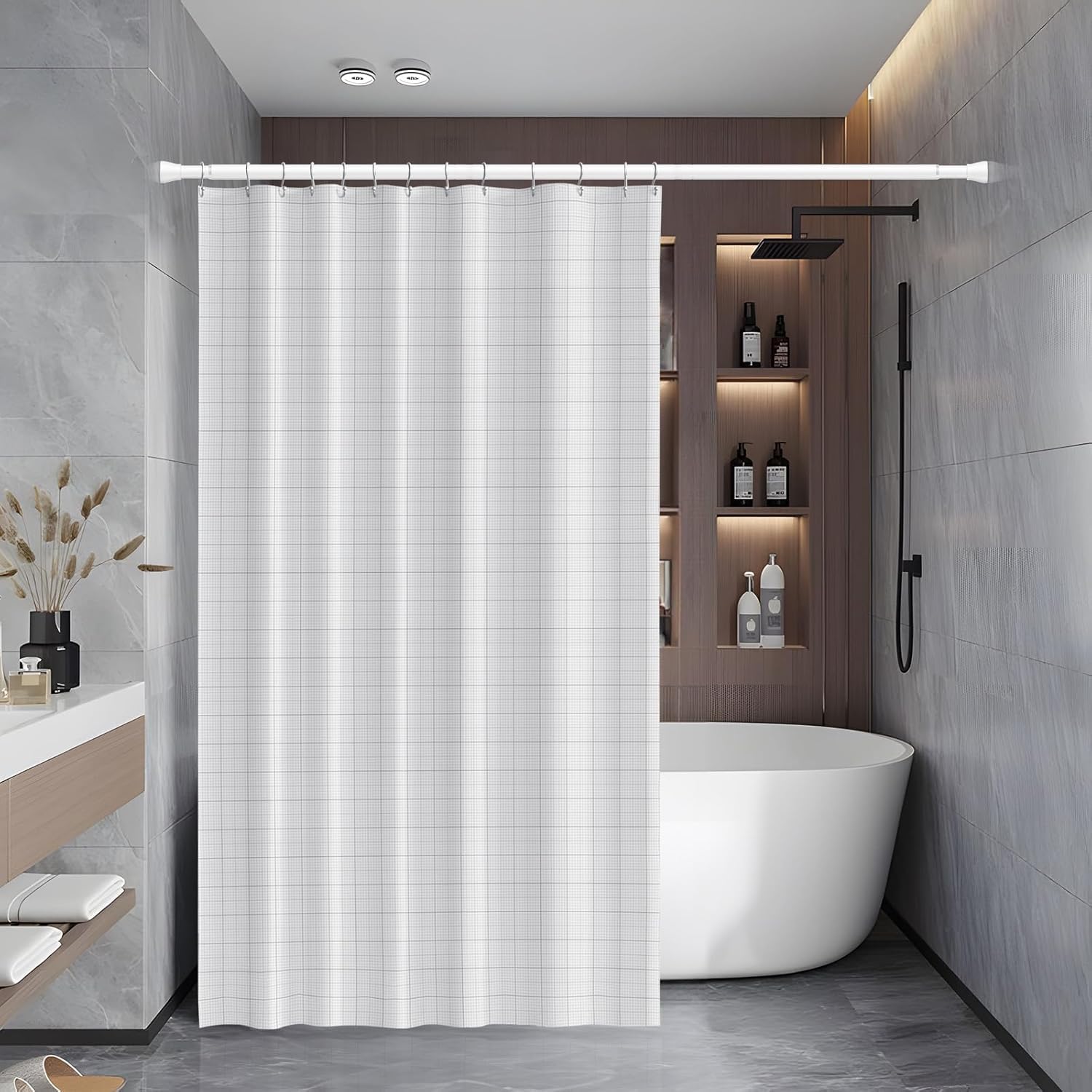 QINGYUN 1Pcs Shower Curtain Rod 45 to 75 Inch White Shower Curtain Rod No Drilling Adjustable Tension Curtain Rod for Windows Pressure Spring Curtain Rod for Doorway,Kitchen