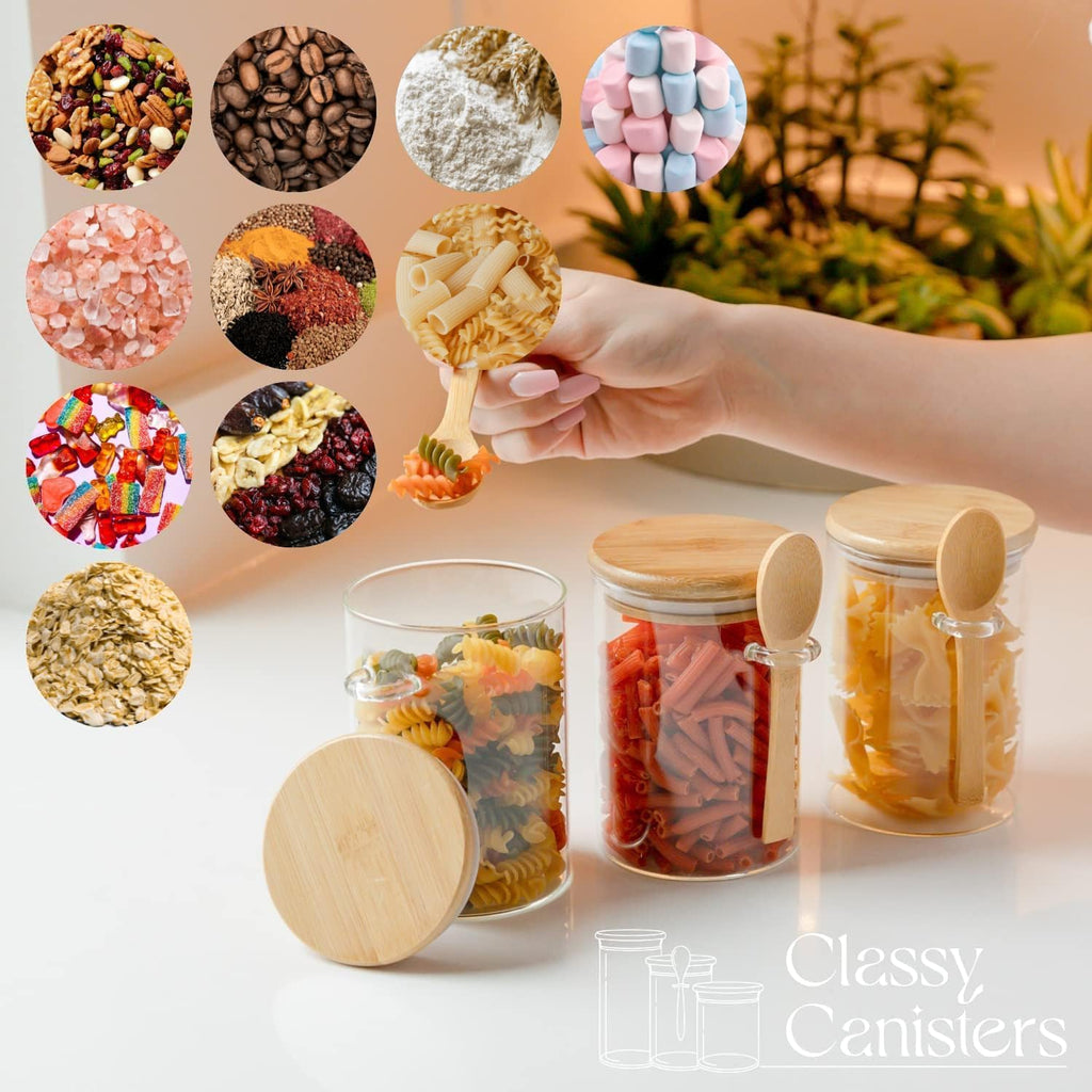 4 Pack Glass Jars with Airtight Bamboo Lid and Spoon, 500ml Overnight Oats Jars, Kitchen Spice Jars Storage Containers, Kitchen Food Storage Canister for Spice, Salt, Sugar, Seeds, Coffee, Nuts etc