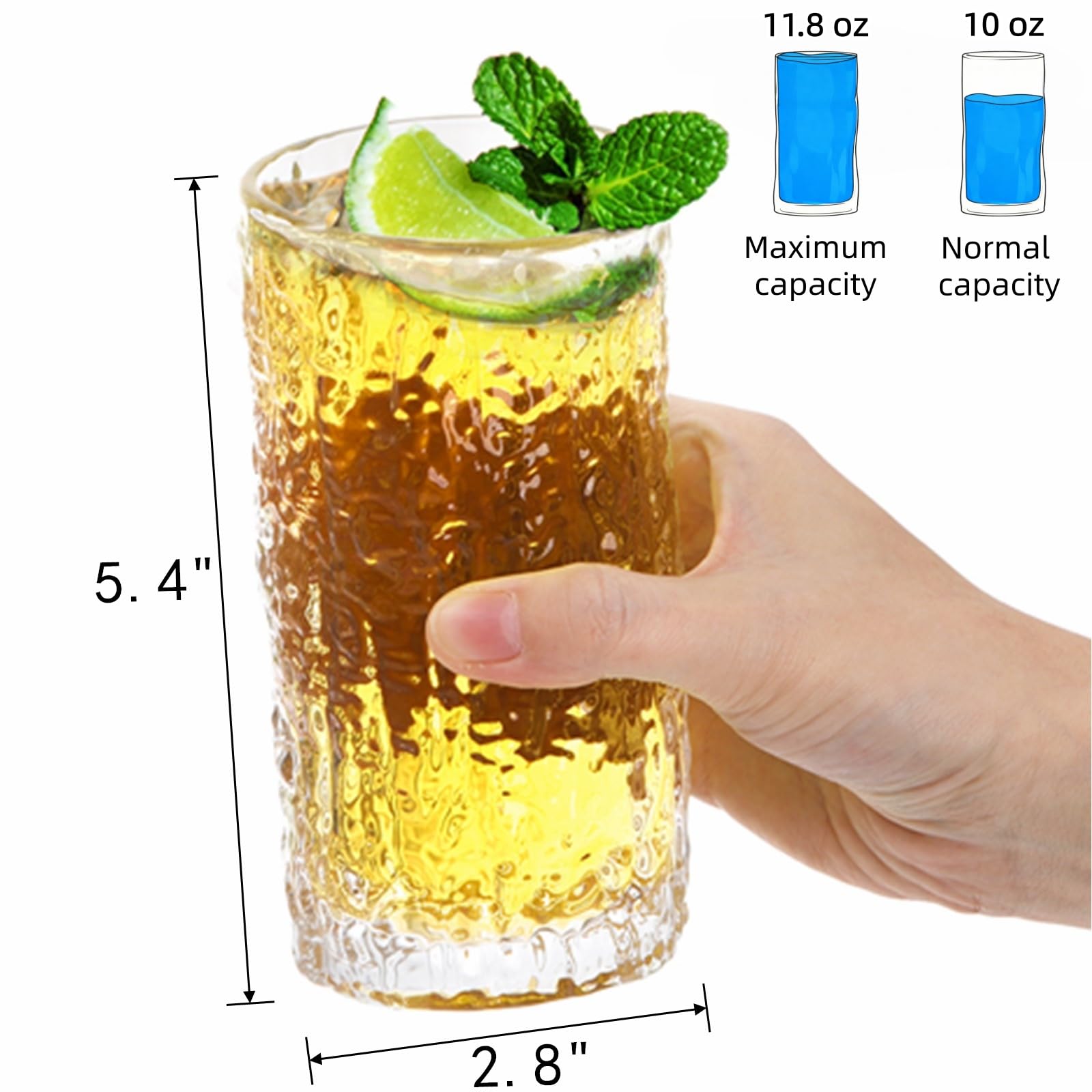 Cididu Set of 6 Textured Drinking Glasses, 12 oz Embossed Highball Water Glasses, Iced Tea Beverage Glass Thick Heavy Base, Vintage Glassware Sturdy Drinkware for Juice, Milk, Coffee, Dishwasher Safe
