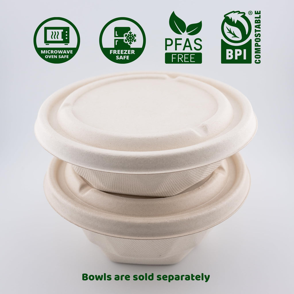 Compostable Pulp Lids for 20 oz & 25 oz Bagasse Bowls – Biodegradable Sugarcane Fiber | Eco-Friendly, PFAS-Free, Heavy-Duty Disposable Food Container Lids for Hot & Cold Takeout