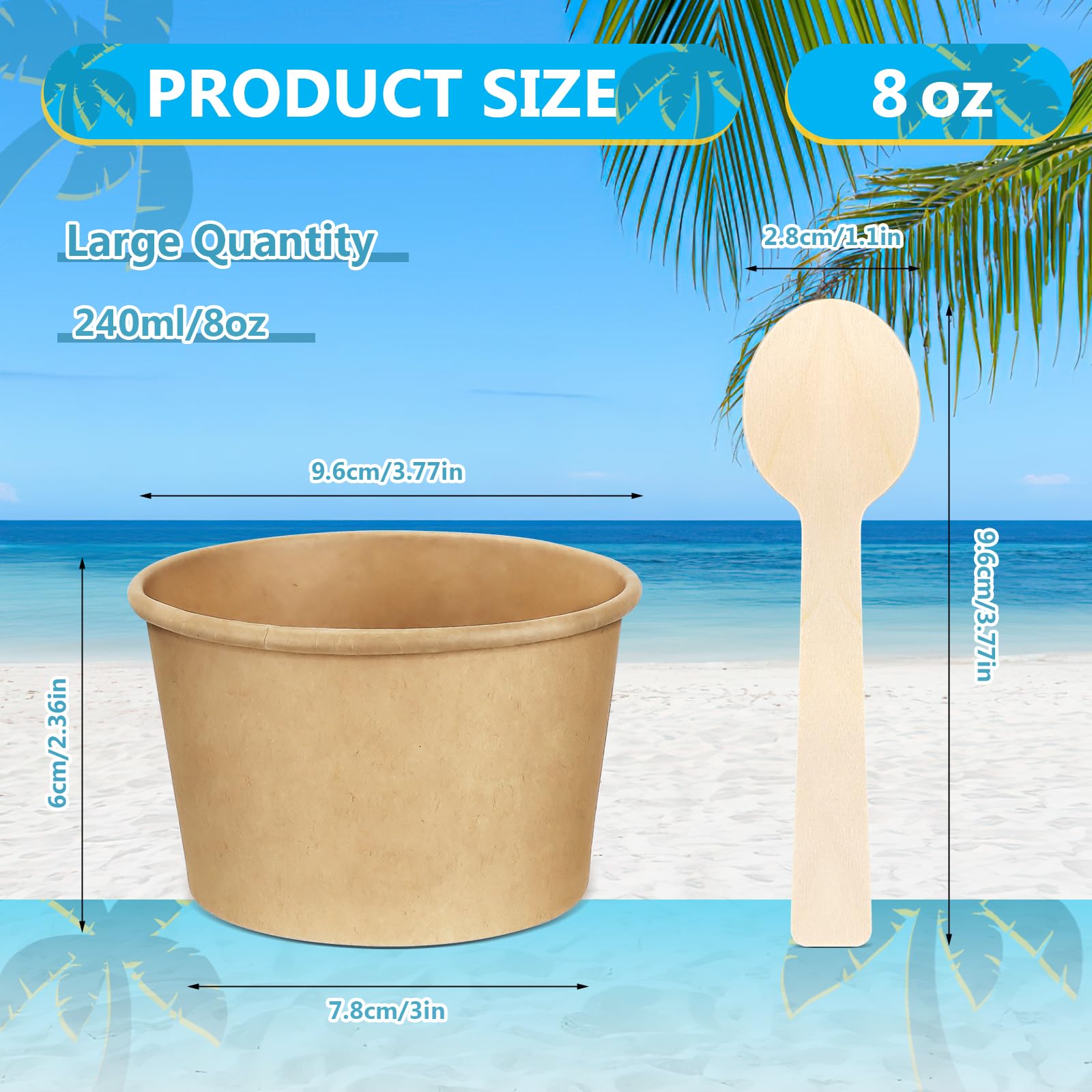 100 Pack Ice Cream Bowls, Kraft Paper Dessert Cups with Wooden Spoons, Disposable Sundae Bowls, Ice Cream Containers for Cold and Hot Food, Sundae Bar, Birthday, Graduation, Party Supplies
