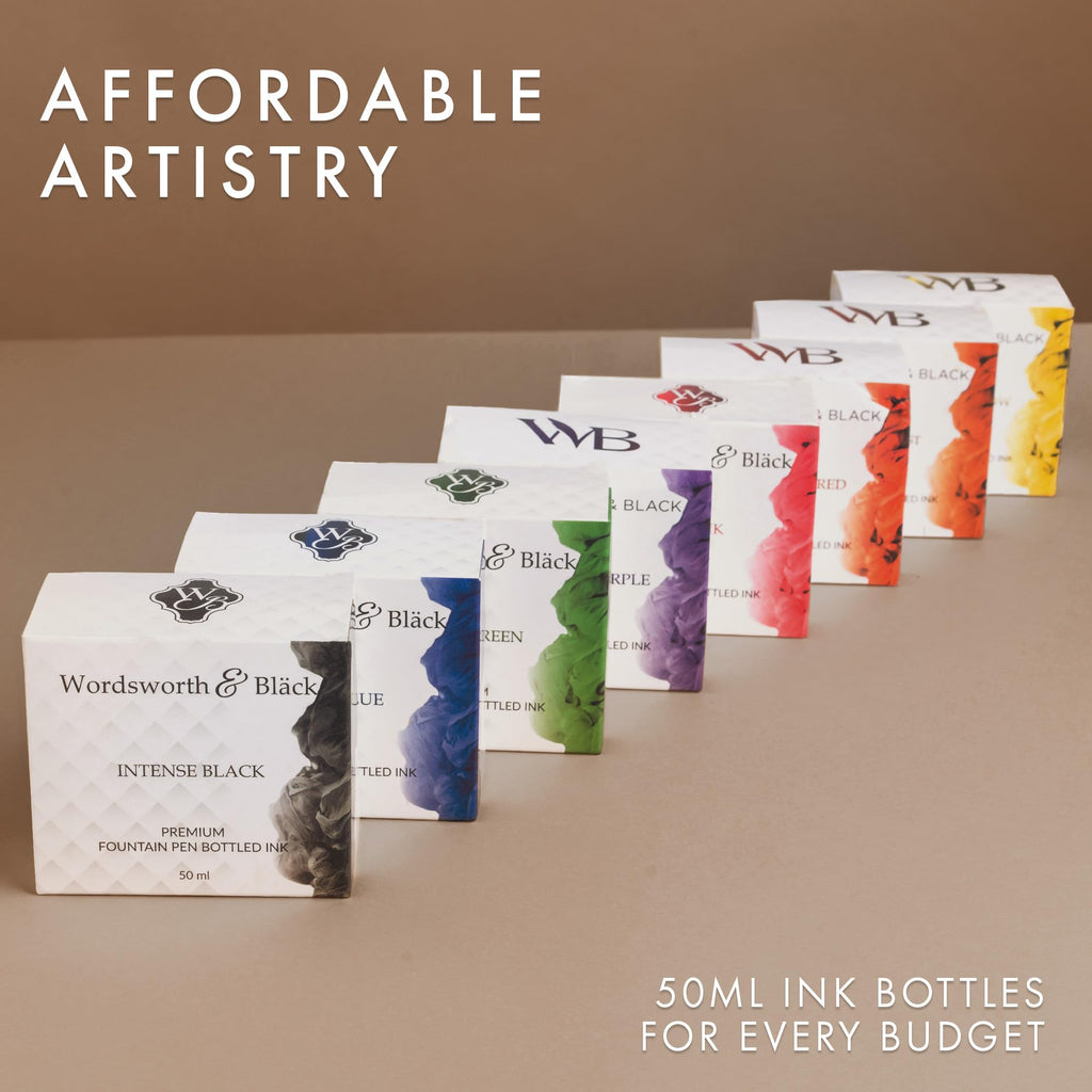 Wordsworth and Black Fountain Pen Ink Bottle (50 ml) Premium Luxury Edition, [Mysterious Black] Fountain Pens Bottled Ink; Classic Designed Bottle Smooth Flow 50 ml