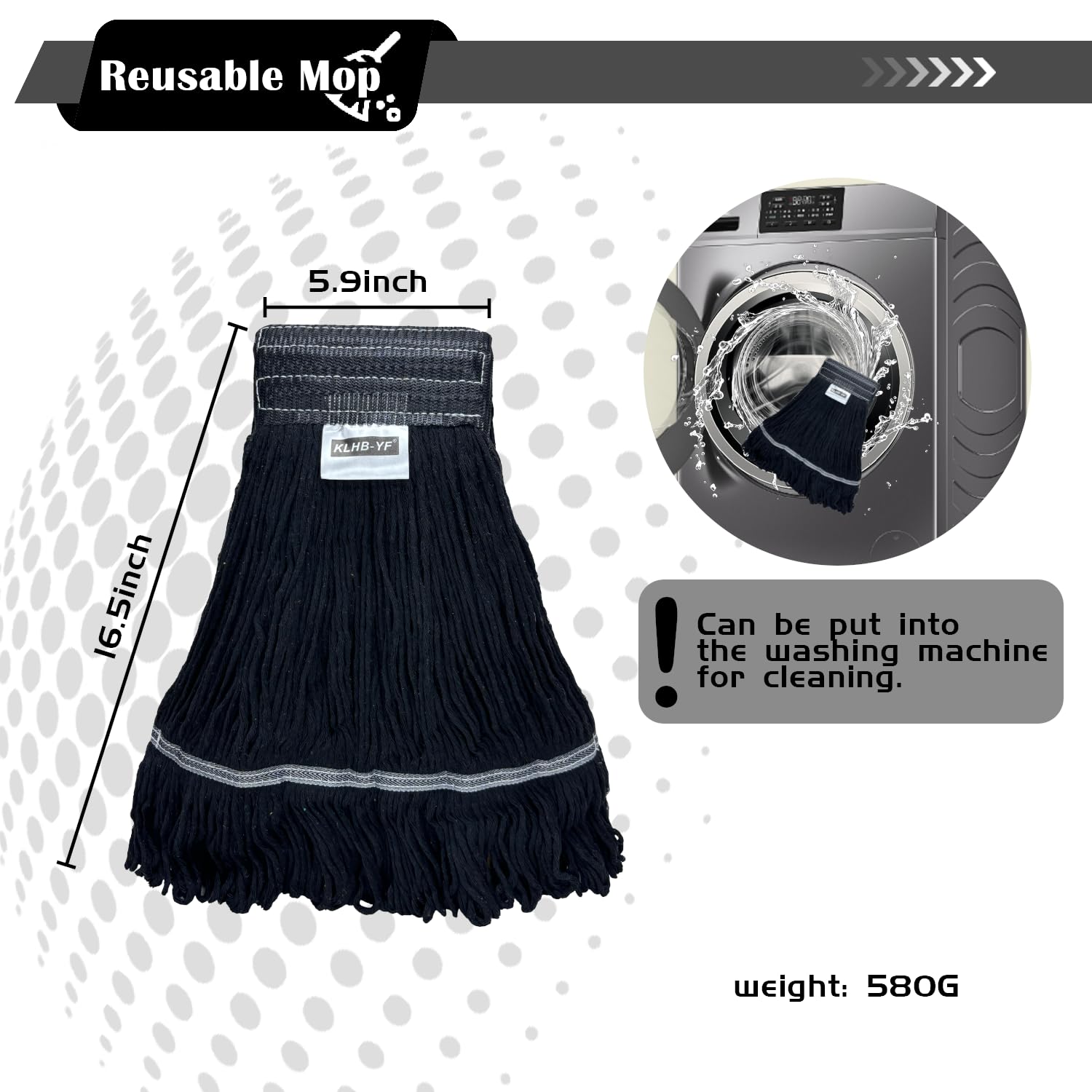 KLHB-YF 21 oz Thick Looped End Black Mop Heads - Heavy Duty Thick Black Replacement Mop Heads Cotton Washable Industrial mop Heads Heavy Duty for Commercial & Home Cleaning