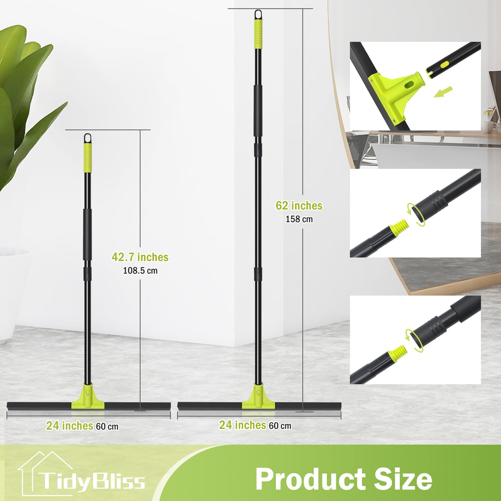 TidyBliss Floor Squeegee Broom, 24 inches Large Heavy Duty Rubber Foam Water Scraper, Epoxy Wiper Mop with 62 inches Long Handle for Cleaning Concrete Pool Rug Garage Deck Shower Window Outdoor Green