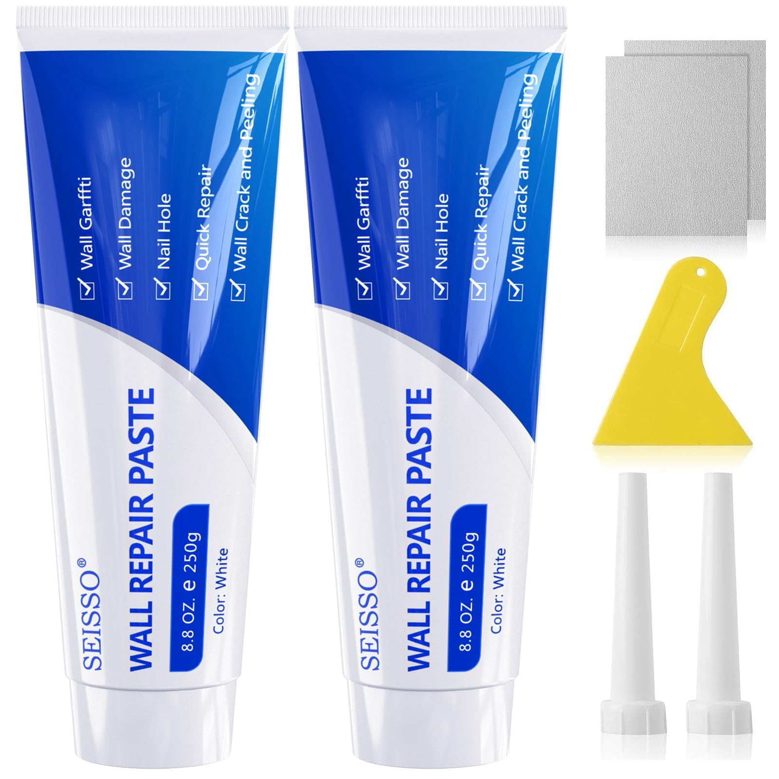 SEISSO Drywall Repair Kit, 500 g Wall Mending Agent- 2 Pack, Wall Spackle Repair Kit with Scraper, Patch for Wall Hole Filler, White Spackle Wall Repair Paste, Plaster Dent