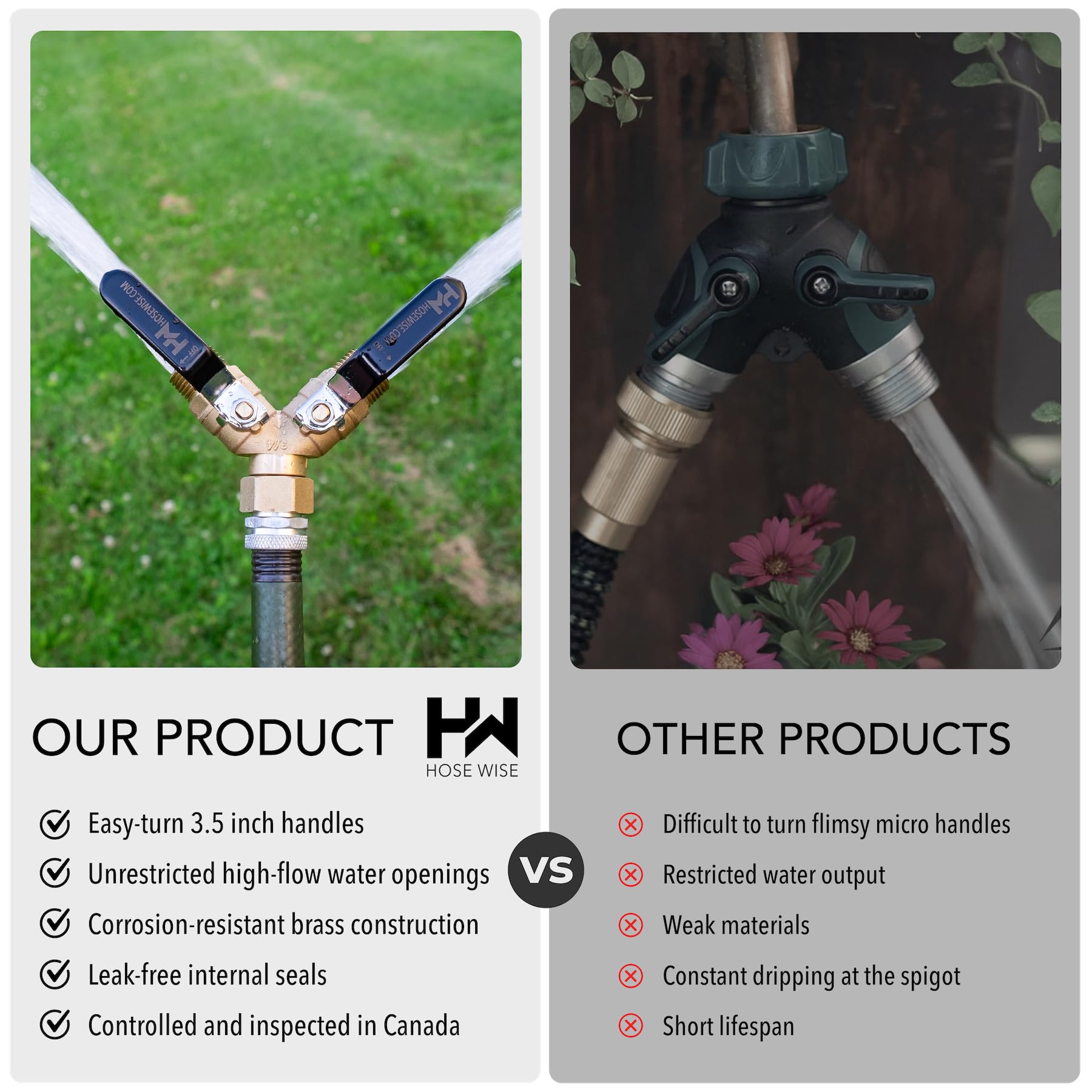 Hose Wise™ Premium Heavy Duty Garden Hose Y Valve Splitter 2 Way Long Handle 3/4" GHT