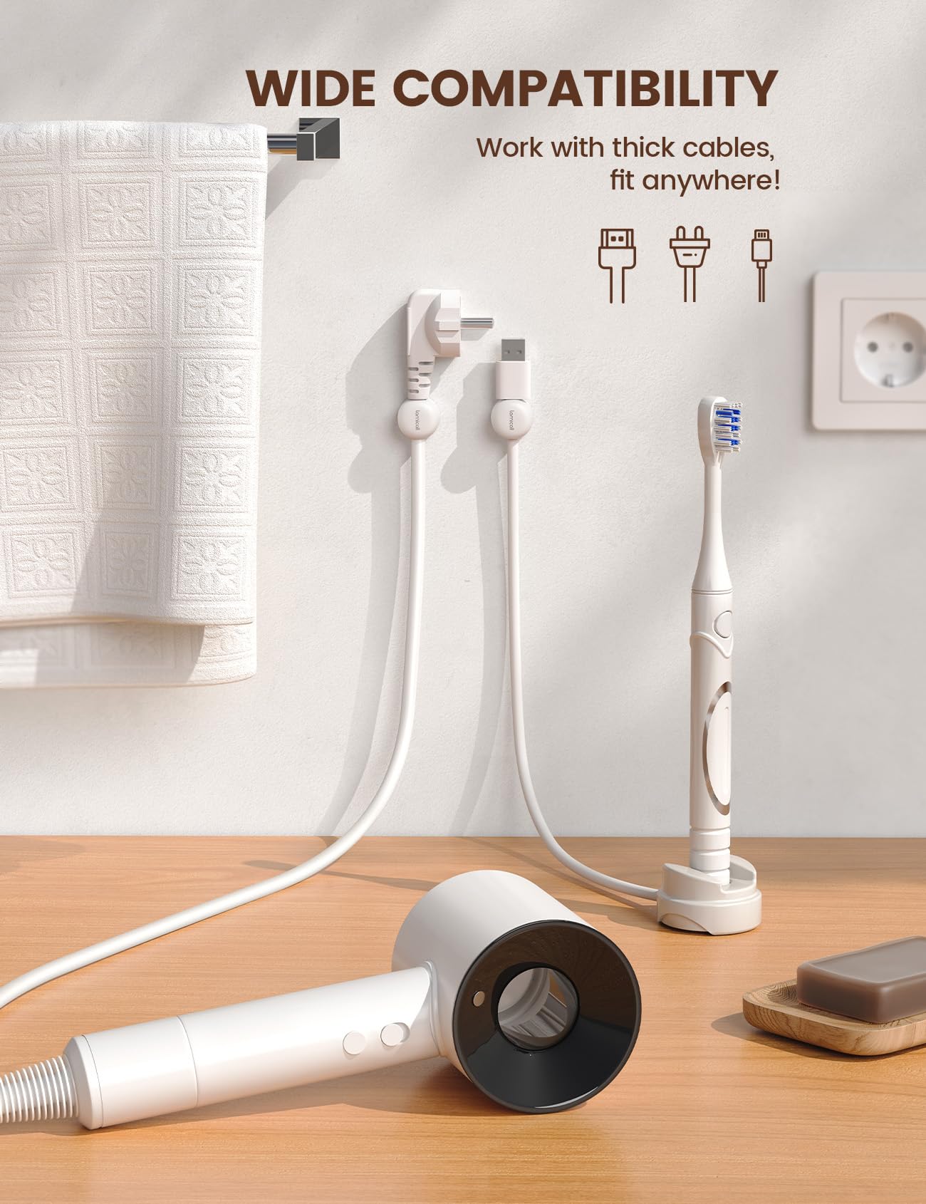 6Pack Cord Organizer, Lamicall Rotatable Spring Cable Clips - [1s Lock] Cord Holder, Desk Phone Charger Cord Management Holder, Adhesive USB Wire Organizer Keeper for Nightstand Office White