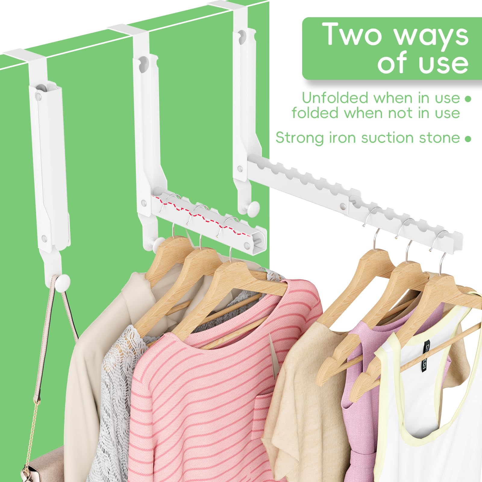 Over The Door Hooks, Extended Over The Door Clothes Hanger with 10 Ridges,Space-Saving Over The Door Rack,Door Hooks for Hanging Clothes,Larger Capacity Over The Door Hanger (1, White-up)