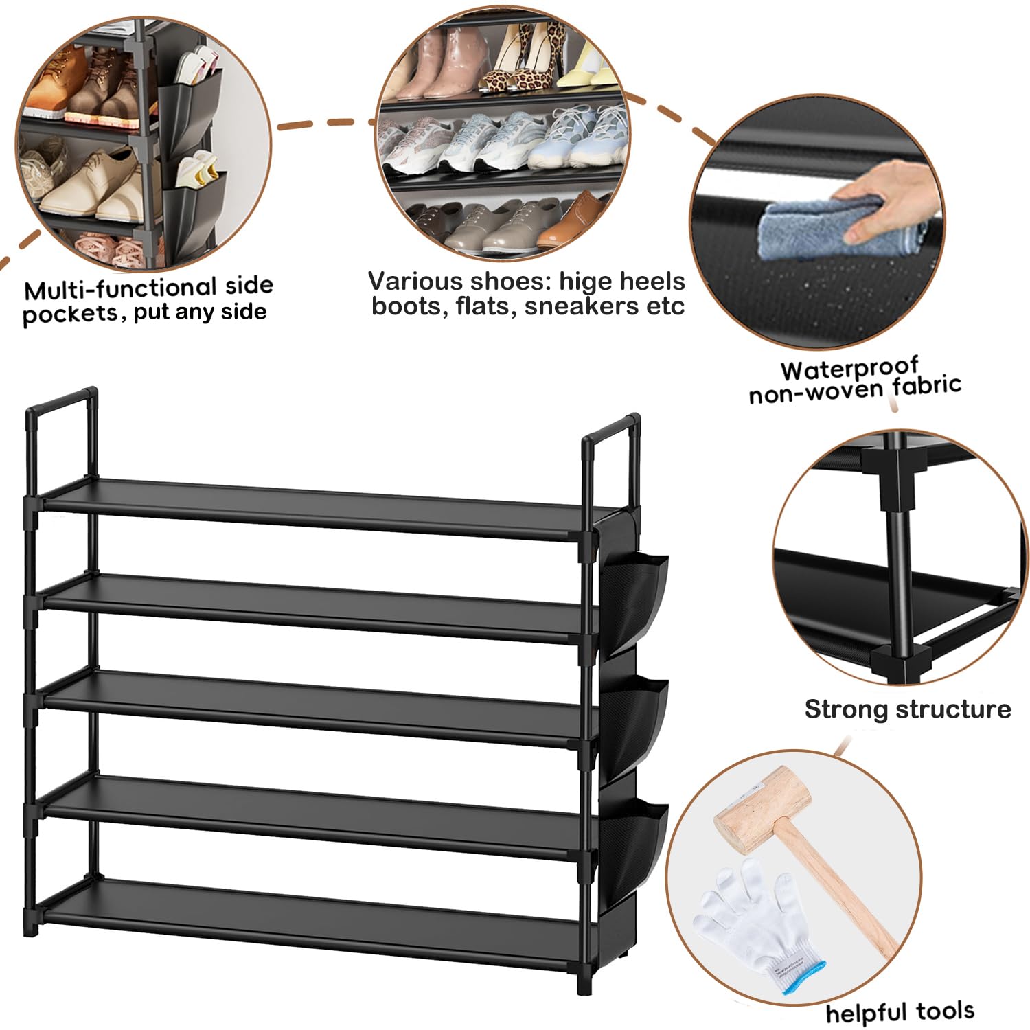 Shoe Rack 5 Tier Shoe Organizer Shoe Storage 20-25 Pairs for Closet Entryway Shoes Holder Space Saving Tall Shoes Shelf for Bedroom Garage Door