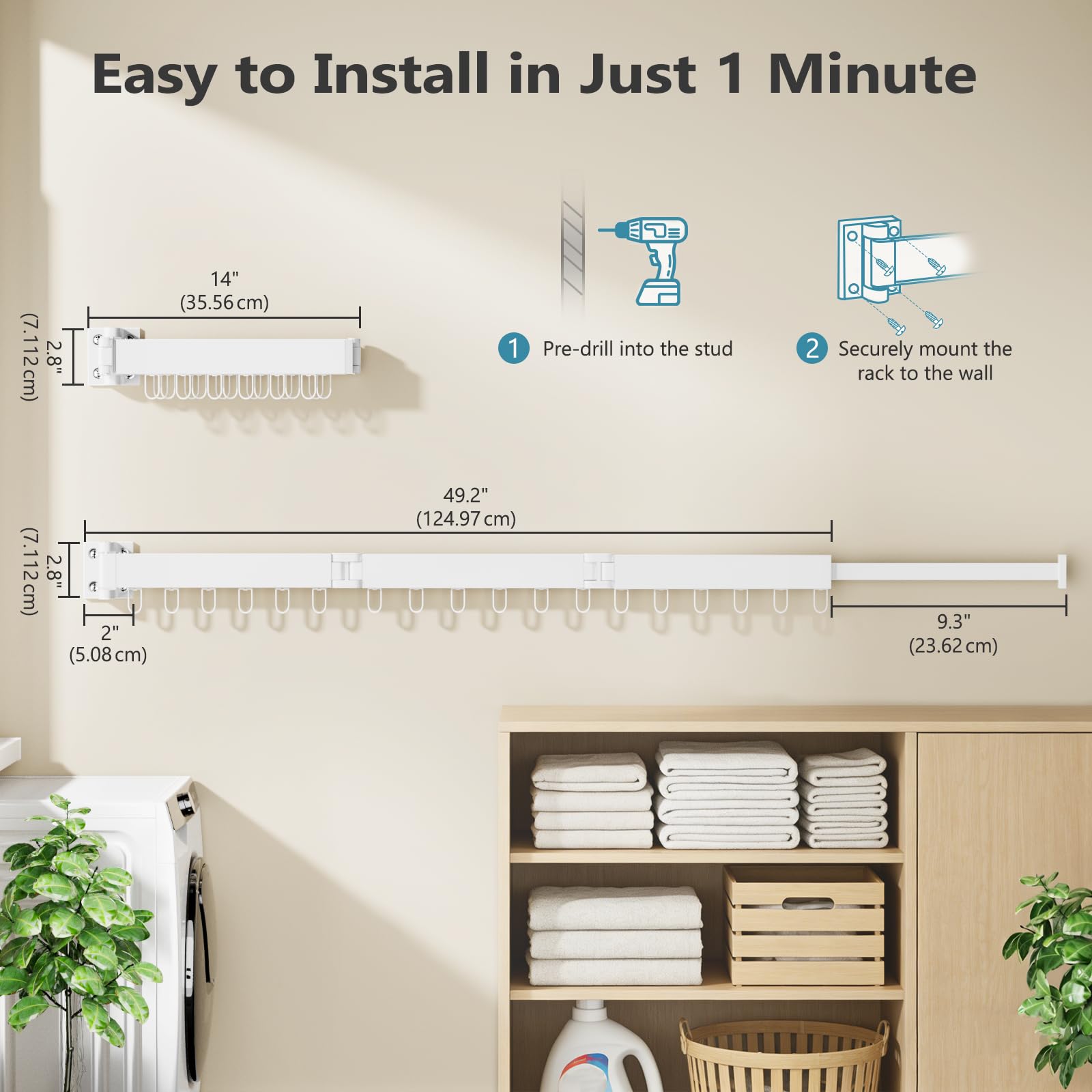 JAUREE Clothes Drying Rack Wall Mounted, Laundry Drying Rack Collapsible, Space Saving Wall Drying Rack Clothing Foldable, Tri-Fold Retractable Rack Outdoor Indoor with 18 Hooks, White