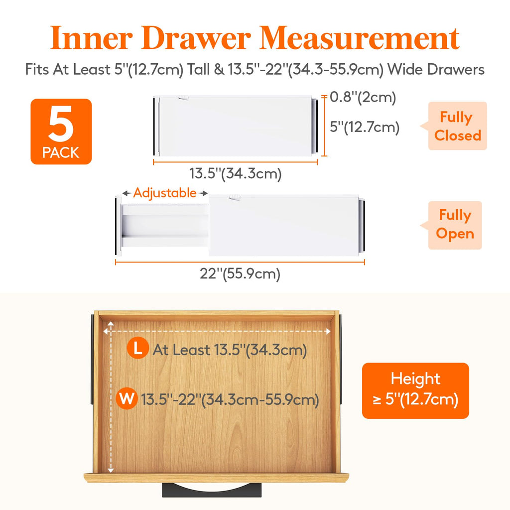 Lifewit 5" High Drawer Dividers, 13.5-22" Plastic Adjustable Drawer Organizers for Clothes, Expandable Dresser Deep Separators in Bedroom/Bathroom/Kitchen/Office Organization and Storage, 5 Packs