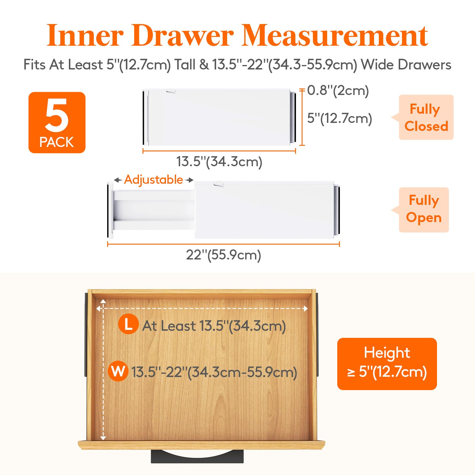 Lifewit 5" High Drawer Dividers, 13.5-22" Plastic Adjustable Drawer Organizers for Clothes, Expandable Dresser Deep Separators in Bedroom/Bathroom/Kitchen/Office Organization and Storage, 5 Packs