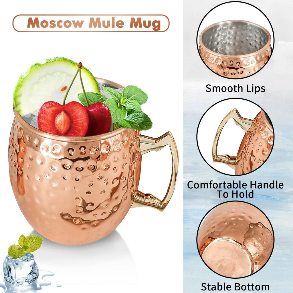 Moscow Mule Mugs Copper Mule Cup Kit 18oz Set of 4 with Handle Large Copper Hammered Plating Cups with 0.5oz Double Jigger, Stainless Steel Straws, Spoon for Cold Drinks Cocktails Wine