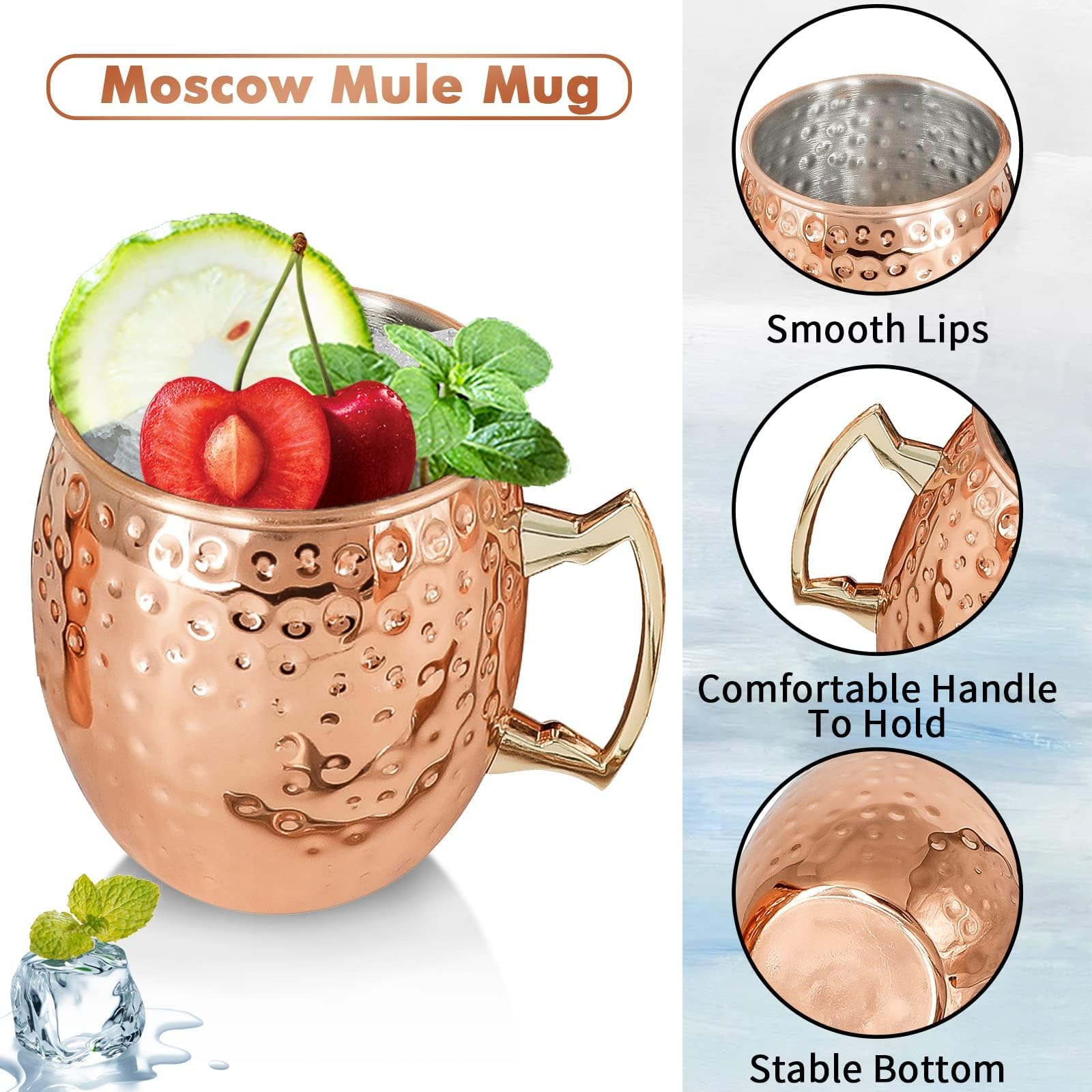 Moscow Mule Mugs Copper Mule Cup Kit 18oz Set of 4 with Handle Large Copper Hammered Plating Cups with 0.5oz Double Jigger, Stainless Steel Straws, Spoon for Cold Drinks Cocktails Wine