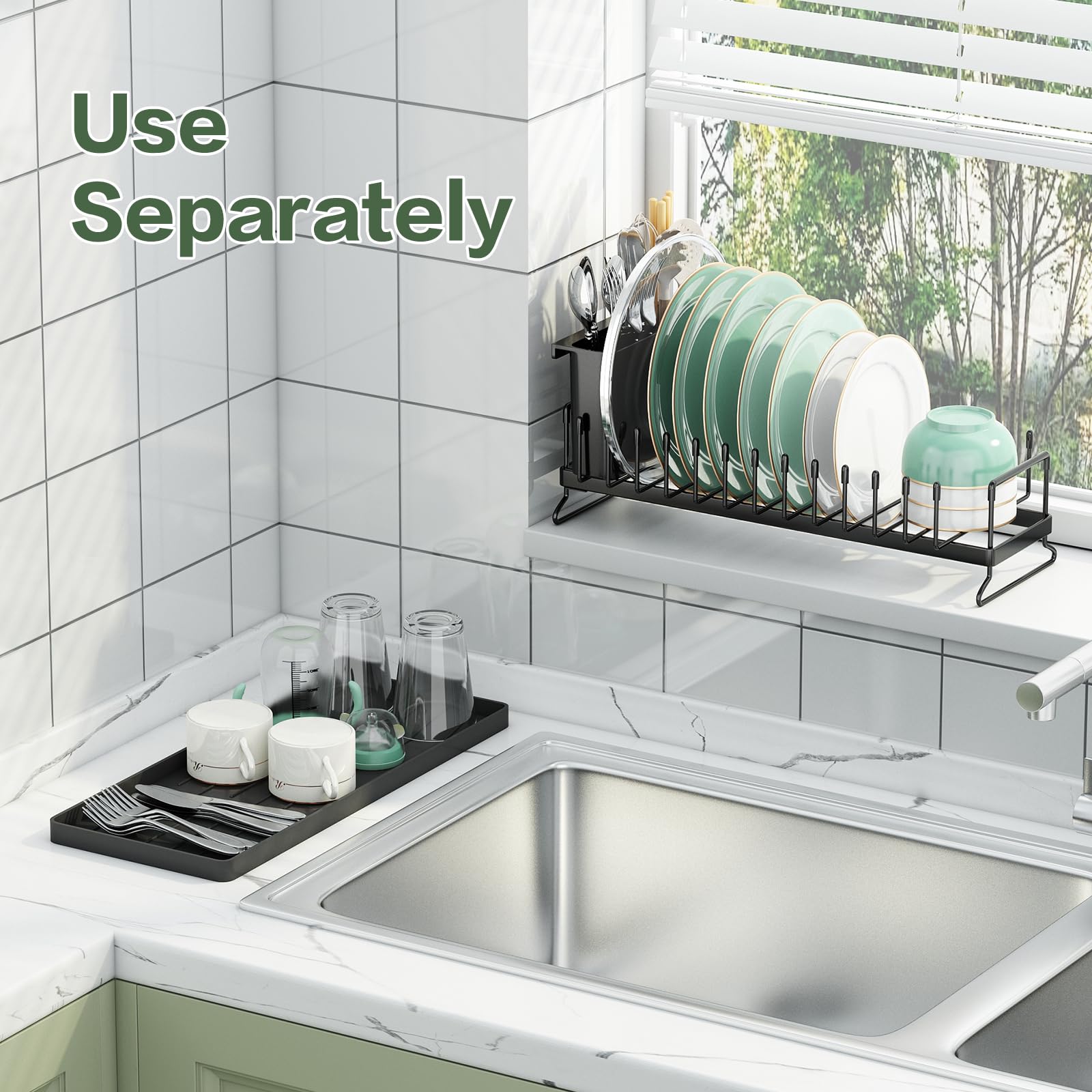 Small Dish Drying Rack, Aufworld Compact Dish Rack with Silicone Drying Mat, Stainless Steel Dish Drainer with Utensil Holder, Space Saving Drain Rack for Kitchen Counter, RVs, Apartments (Countertop)