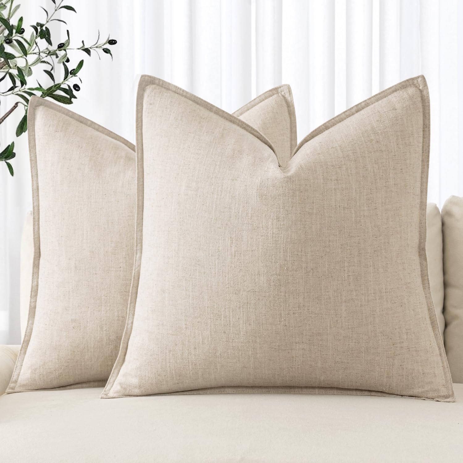 MIULEE Linen Pillow Covers Pack of 2 Decorative Throw Pillow Covers Soft Accent Boho Farmhouse Couch Pillowcases Modern Home Decors for Sofa Cushion Living Room Bed 18x18 Inch Natural Beige