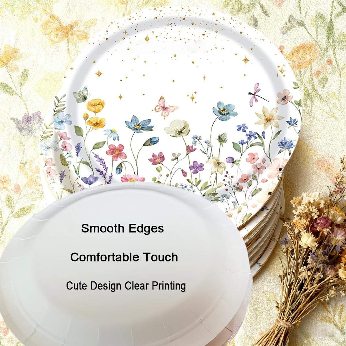 40 Pcs Floral Party Supplies Wildflower Paper Plates for Wedding Party Supplies Disposable Dessert Dinner Plates Party Garden Tableware Decoration (9inch)
