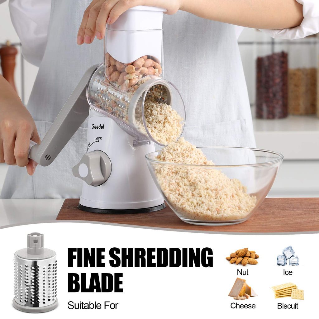 Geedel Kitchen Cheese Grater, Rotary Mandoline Vegetable Slicer with Interchangeable Blades, Easy to Use Rotary Grater Slicer for Fruit, Vegetables, Nuts