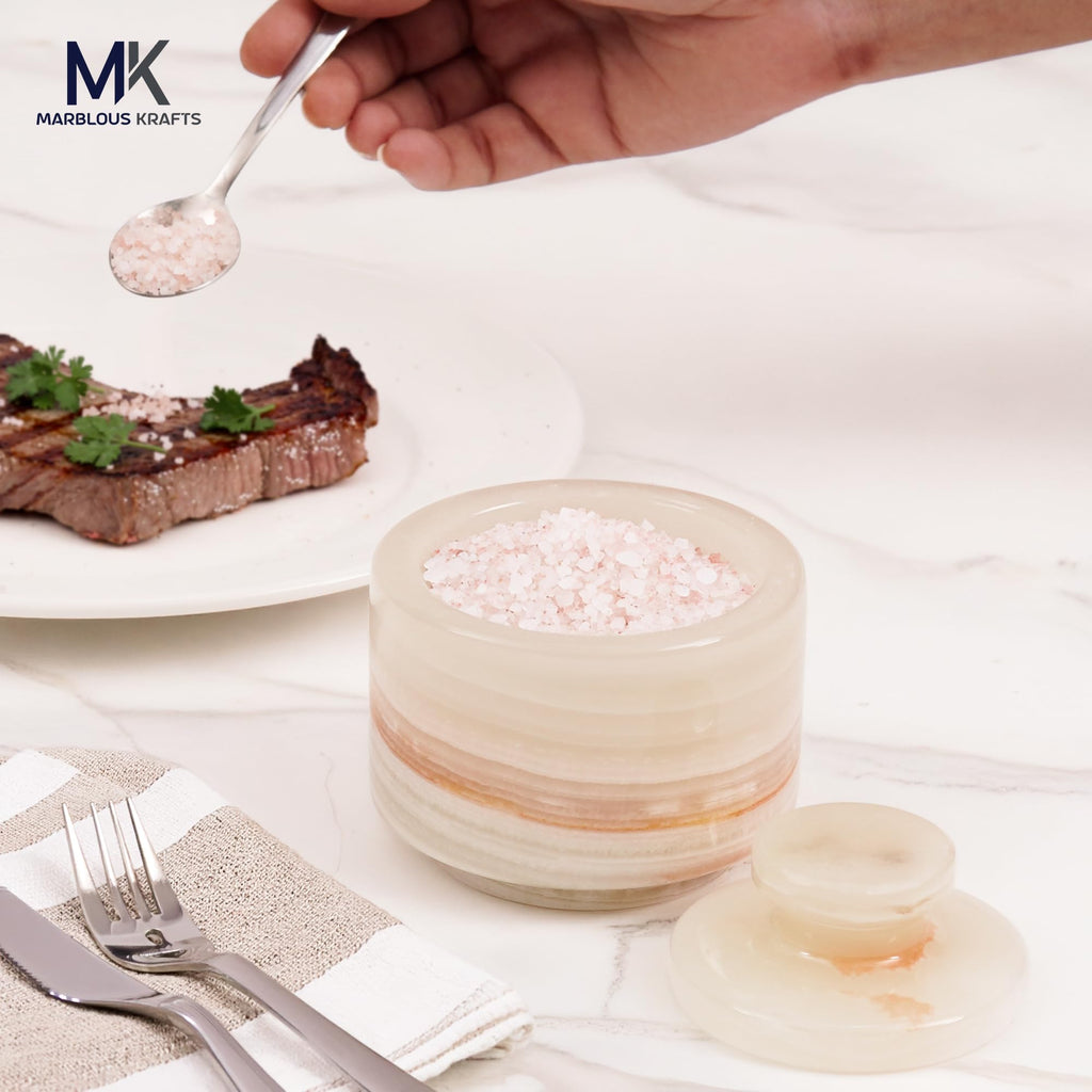 MARBLOUS KRAFTS stylish marble sugar dispenser 3" X 3" salt cellar, single salt container with lid (White Onyx)