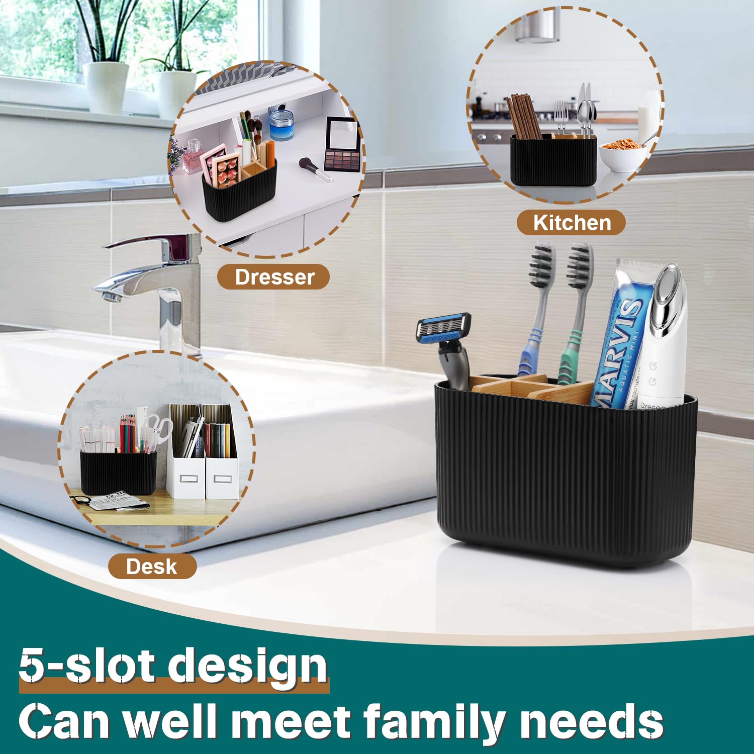 GFWARE Black Toothbrush Holder Bathroom Organization - 5 Slots Bamboo Toothbrush Holders for Bathrooms Countertop Accessories Kids Tooth Brush Holder for Bathroom Organizers and Storage