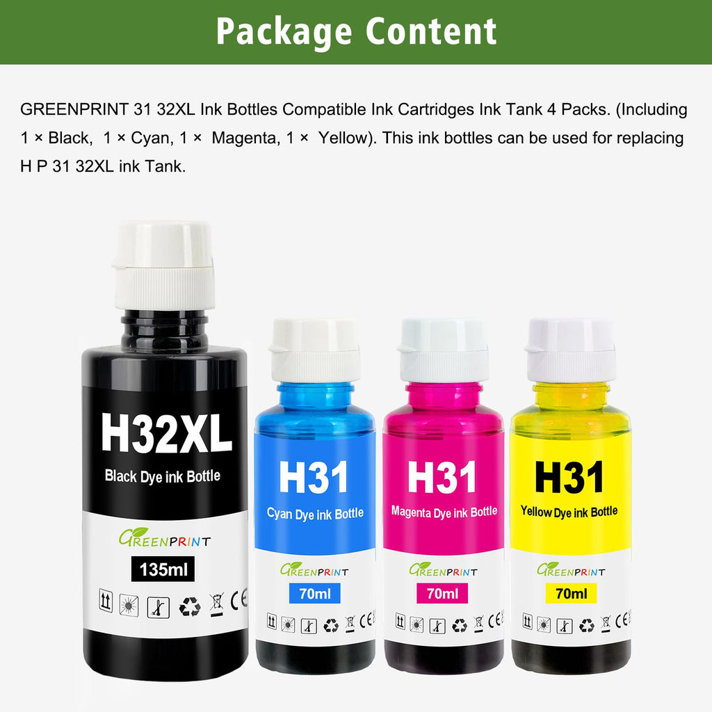 GREENPRINT 31 32XL Compatible Ink Bottle 6000 Page Black, 8000 Page CMY for Smart Tank 5000 5100 5101 5102 5103 5104 6001 6002 7001 7002 7301 7302 7602 Plus 551 570 578 651 Printer 4 Pack