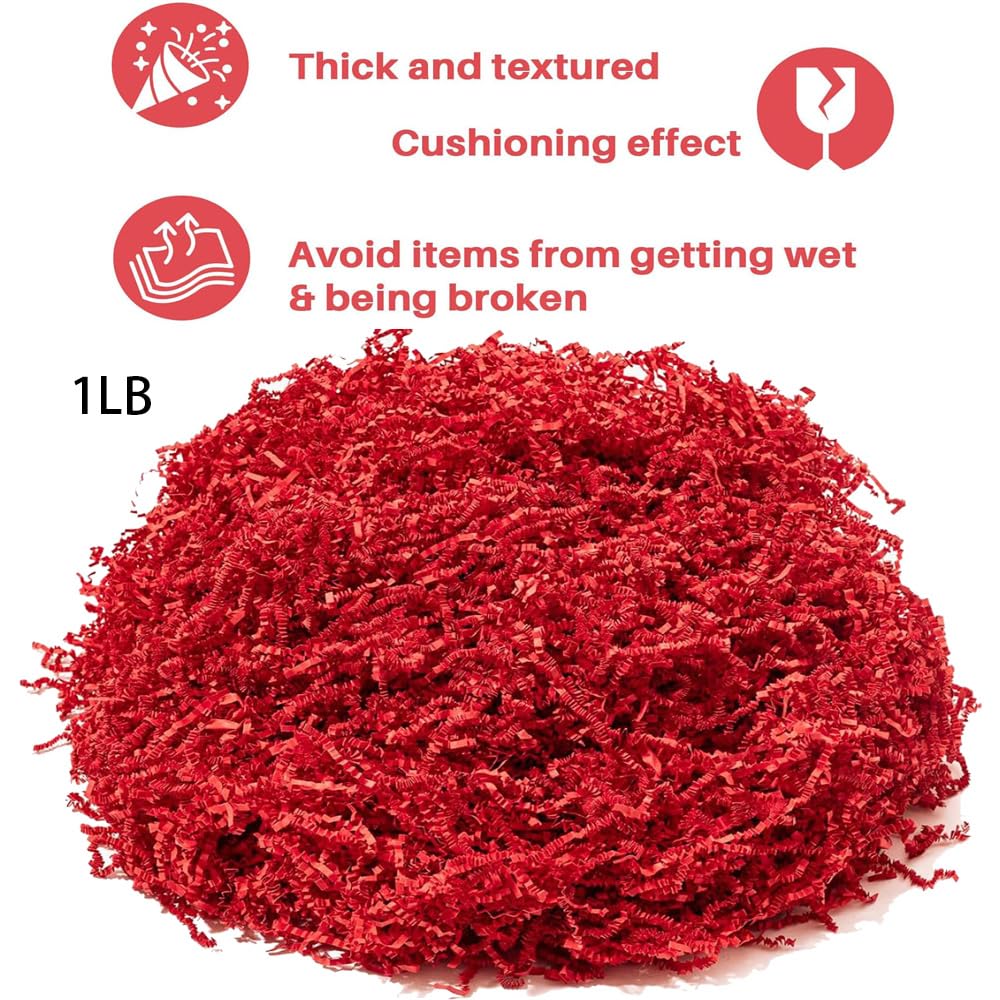 1LB Crinkle Paper Packing Paper Shredded for Gift Box Crinkle Cut Easter Basket Filler for Box Basket Filler And Gift Wrapping Kit All Occasions (Red)
