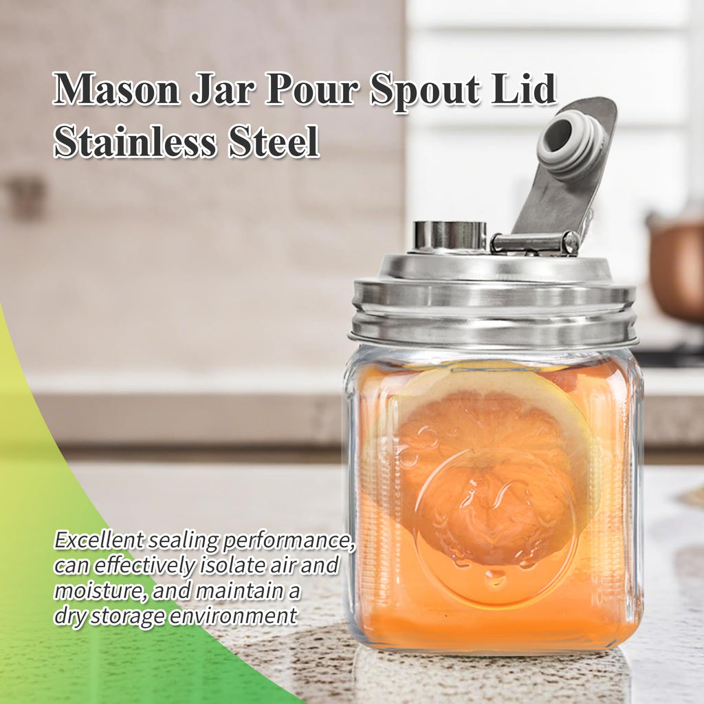 2PCS Mason Jar Pour Spout Lid Stainless Steel,Wide Mouth Pour Spout Flip Cap Lids for Mason Jars, Reusable Mason Jars Lid,Leak Proof Seal, for Drinking Salad Dressing & Food