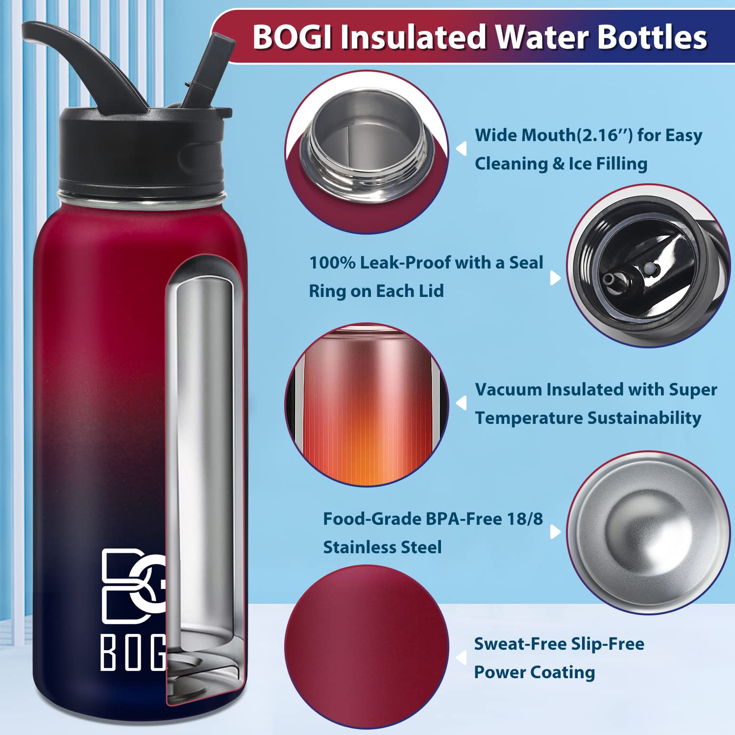 BOGI 32oz Insulated Water Bottle, Double Wall Vacuum Stainless Steel Water Bottle with Straw and 3 Lids, Sweat-Proof Wide Mouth Metal Water Bottle Keeps Hot or Cold for Sports Gym Office (Dark Red)
