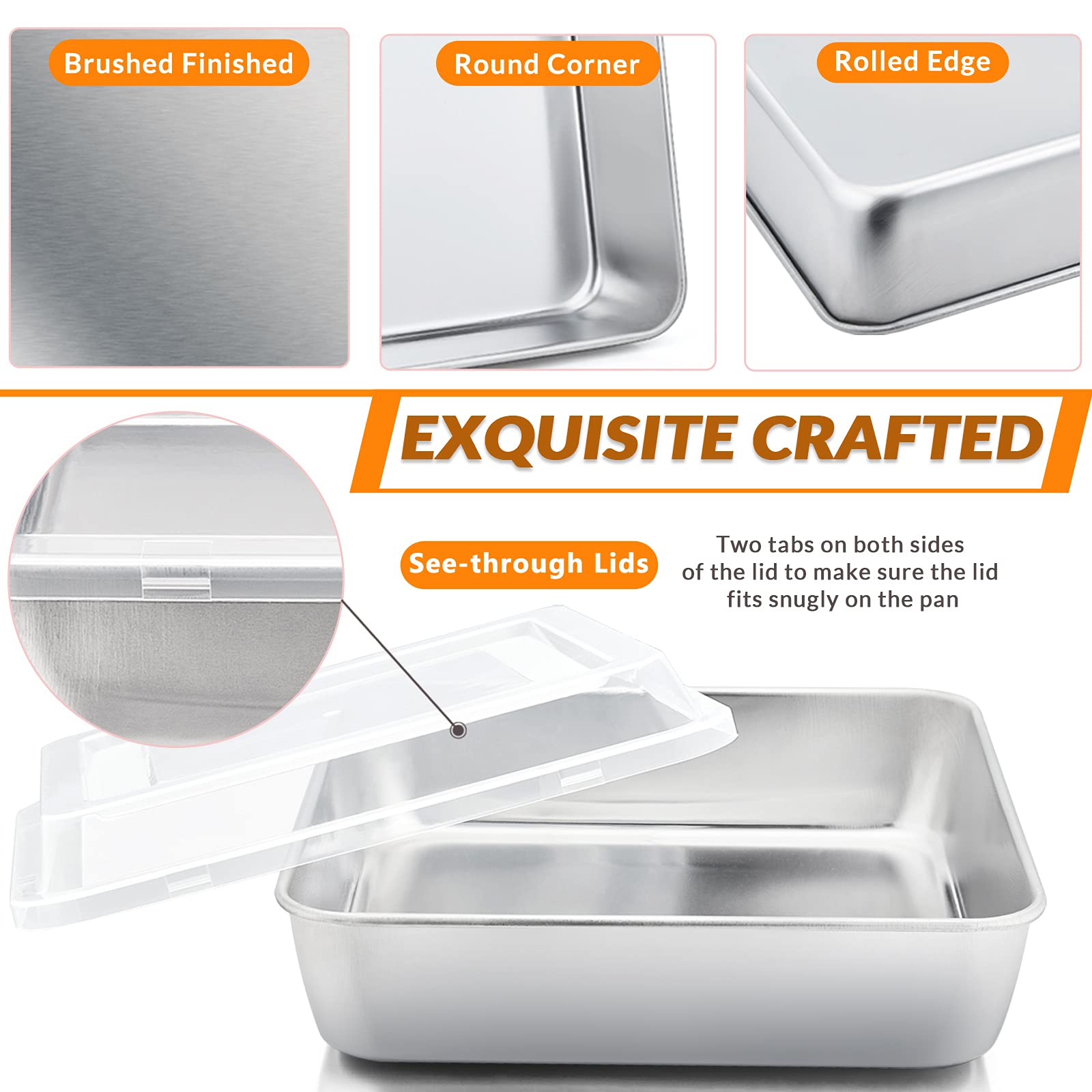 8 x 8-Inch Square Baking Pan with Lid, E-far Stainless Steel Square Cake Brownie Pan, Fit for Toaster Oven, Non-toxic & Healthy, Easy Storage & Dishwasher Safe - 2 Pieces(1 Pan + 1 Lid)