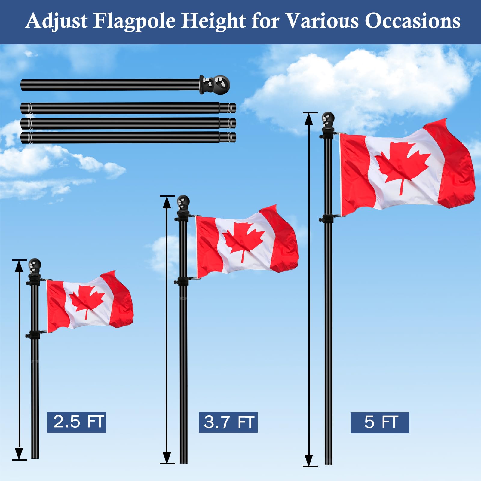 NQ 5 FT Flag Poles for Outside House, Flag Poles Outdoor for Porch, Yard, House Flag Pole, Heavy Duty Flagpole (Black, Without Flag Holder)