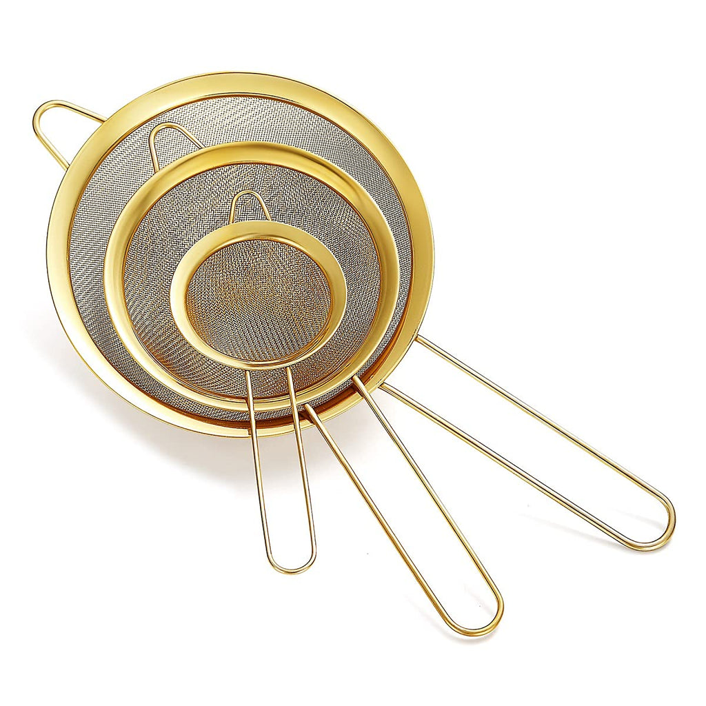 Gold Fine Mesh Strainer 3 Pieces Set, Golden Flour Sifter for Baking, Stainless Steel Clander, Gold Matcha Tea Strainer, Gravy Separator, Stasher Sieve Pasta Strainers