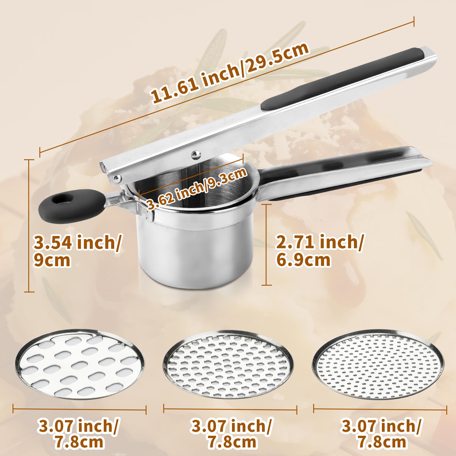 Roryimke 15oz Potato Ricer Heavy Duty Stainless Steel 3 Interchangeable Discs Potato Masher Spaetzle Maker with Silicone Handle Kitchen Tool Perfect Ricer for Mashed Potatoes