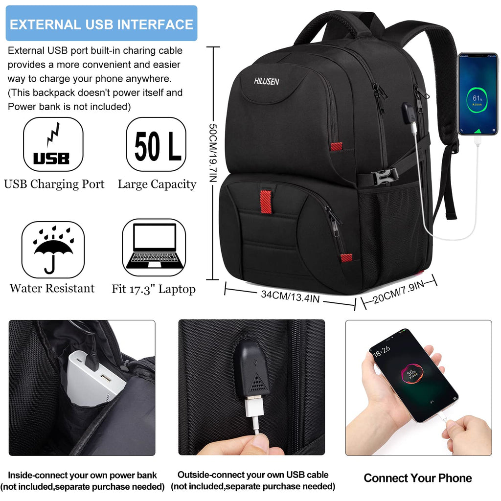 Extra Large Travel Laptop Backpack 50L,Lunch Backpack Business Work Backpack for Men Women with USB Charging Port,Water Resistant TSA Friendly Big 17.3 inch Computer Bag College School Bookbags Black