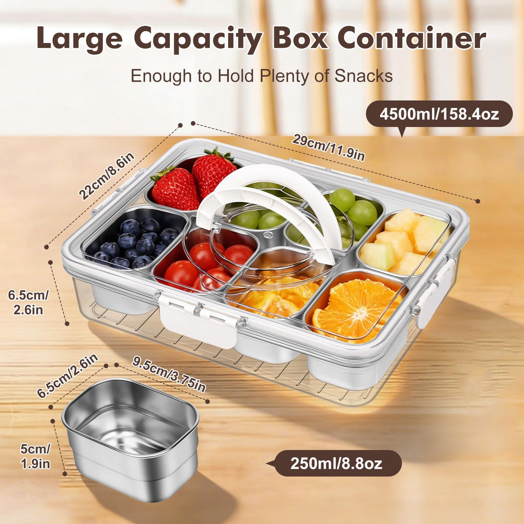Snackle Box Container with Handle - 8 Compartment Divided Serving stainless steel Tray with Lid - Crystal Clear Charcuterie Box for Travel, Parties, Movie Nights & Daily Snacks