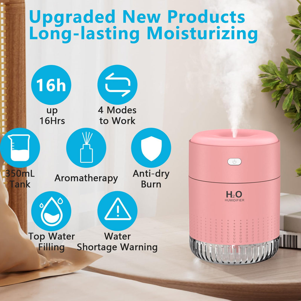 SZO Portable Mini Humidifier, 500ML USB Personal Cool Mist Humidifiers for Bedroom Office Travel Desk, Whisper Quiet 20dB with 2 Mist Modes & Auto Shut-Off, Small Desktop Humidifier(Pink)