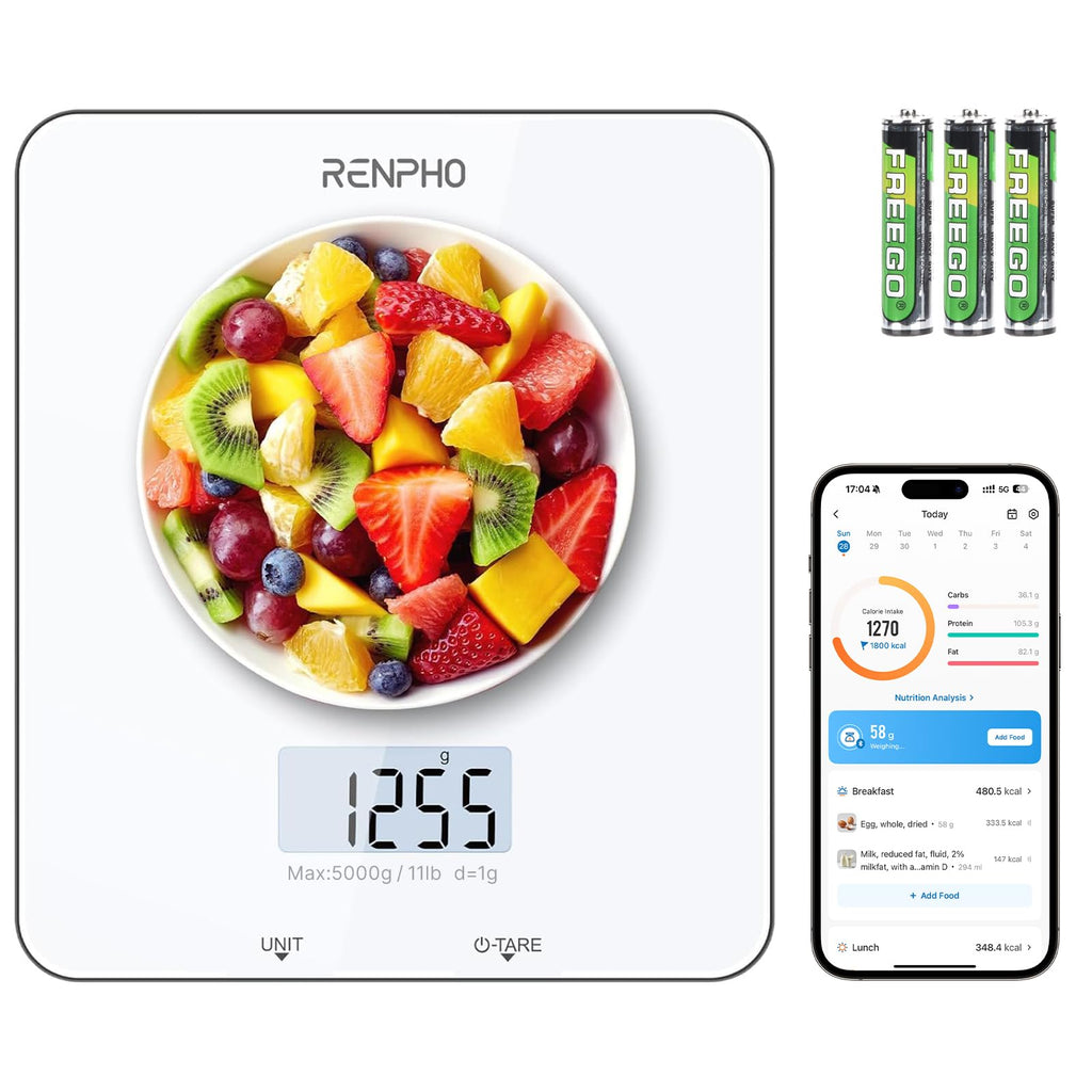 RENPHO Smart Food Nutrition Kitchen Scale, Food Scale for Food Ounces and Grams, Coffee Scale with Timer, Nutritional Calculator for Keto, Macro, and Calorie with Smartphone App, White