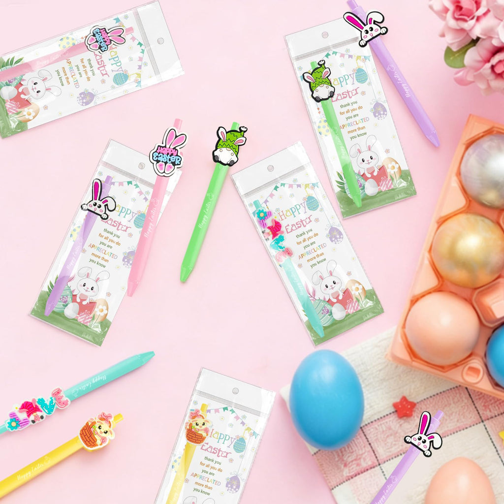 UgyDuky 30Pcs Easter Party Favors Pens with Bunny & Egg Toppers, Happy Easter Printed Ballpoint Pens, Spring Holiday Writing Pens with Thank You Cards, Office & Classmates Gift Exchanges