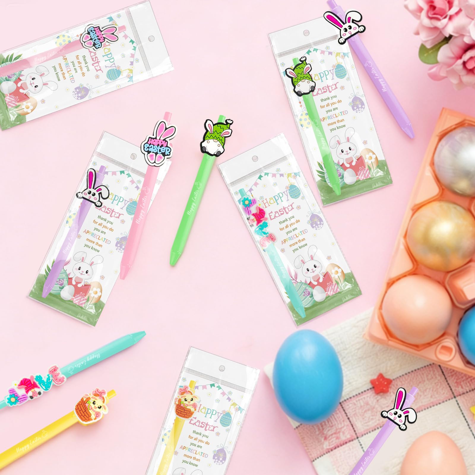 UgyDuky 30Pcs Easter Party Favors Pens with Bunny & Egg Toppers, Happy Easter Printed Ballpoint Pens, Spring Holiday Writing Pens with Thank You Cards, Office & Classmates Gift Exchanges