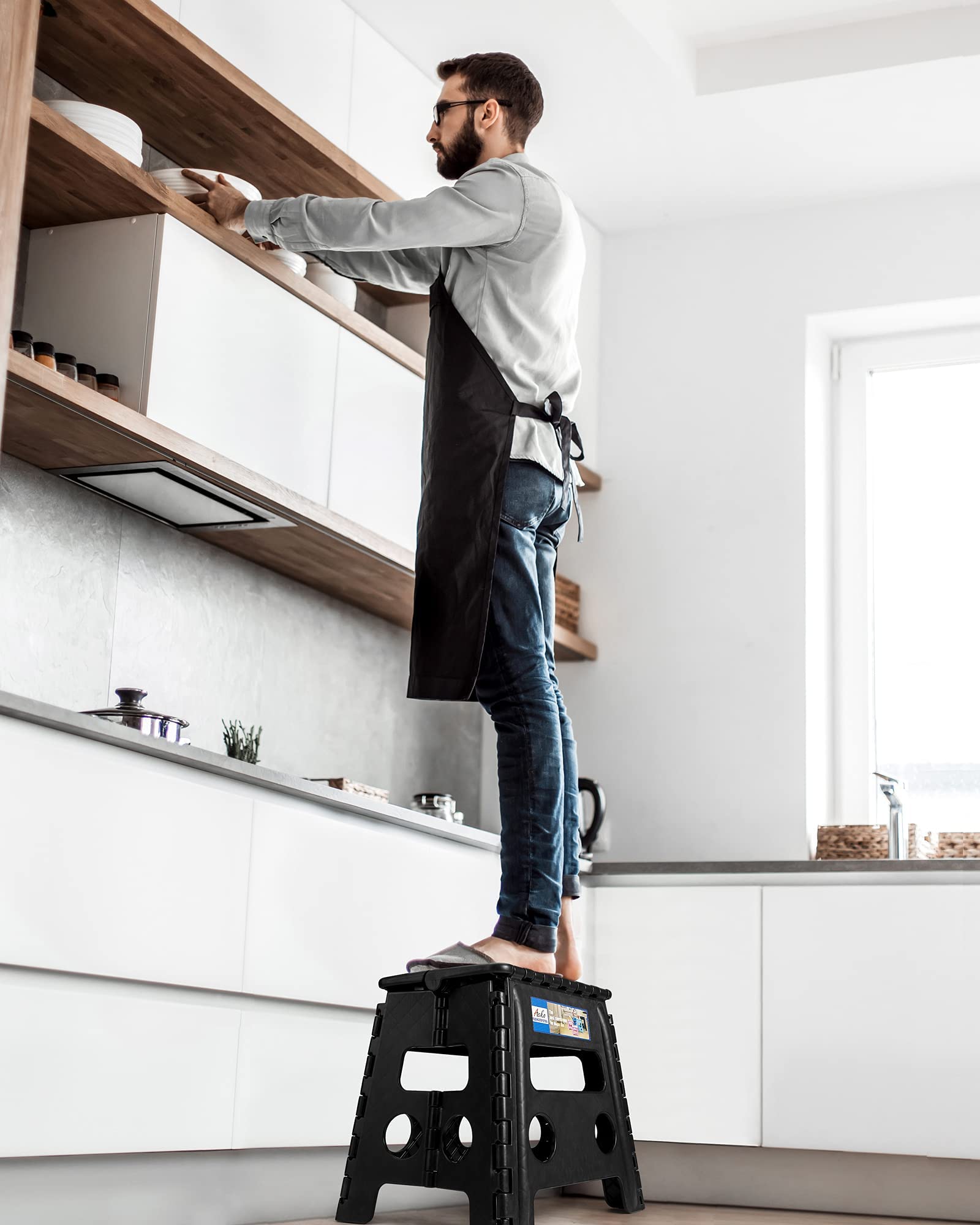 Acko Folding Step Stool 13 inch Heavy Duty Plastic Foldable Step Stool for Adults and Kids, Premium Black Step Stool Toddler, Small Collapsible Fold Up Stepping Stool Kitchen Bathroom Step Stool