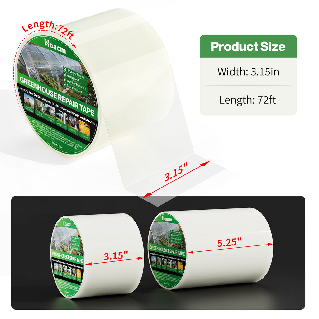Hoacm Greenhouse Repair Tape Clear- Heavy Duty Waterproof & UV Resistant, Clear Poly Patch Tape for Greenhouse Plastic Film, RV Awnings, Tarp and Tent, 5.5 mil Thickness (3.15IN x 72.2FT)