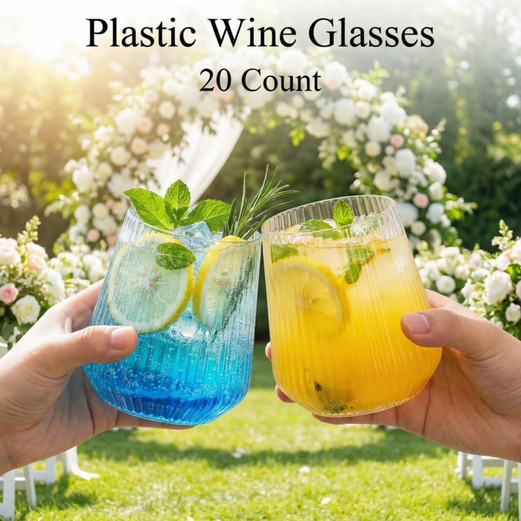 Tebery 20 Pack Plastic Ribbed Wine Glasses, 12 Oz Unbreakable Stemless Cocktail Cups for Party, Reusable Origami Style Ridged Drinking Tumbler for Champagne Catering Wedding Picnic Bar
