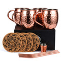 Eligara Moscow Mule Copper Mugs Set of 4, Handcrafted Food Safe Copper Cups for Moscow Mule Cocktail, 16 oz Gift Set with Bonus 1 Shot Glass 4 Straws and 4 Coasters (Classic - Cork Coaster - 4)