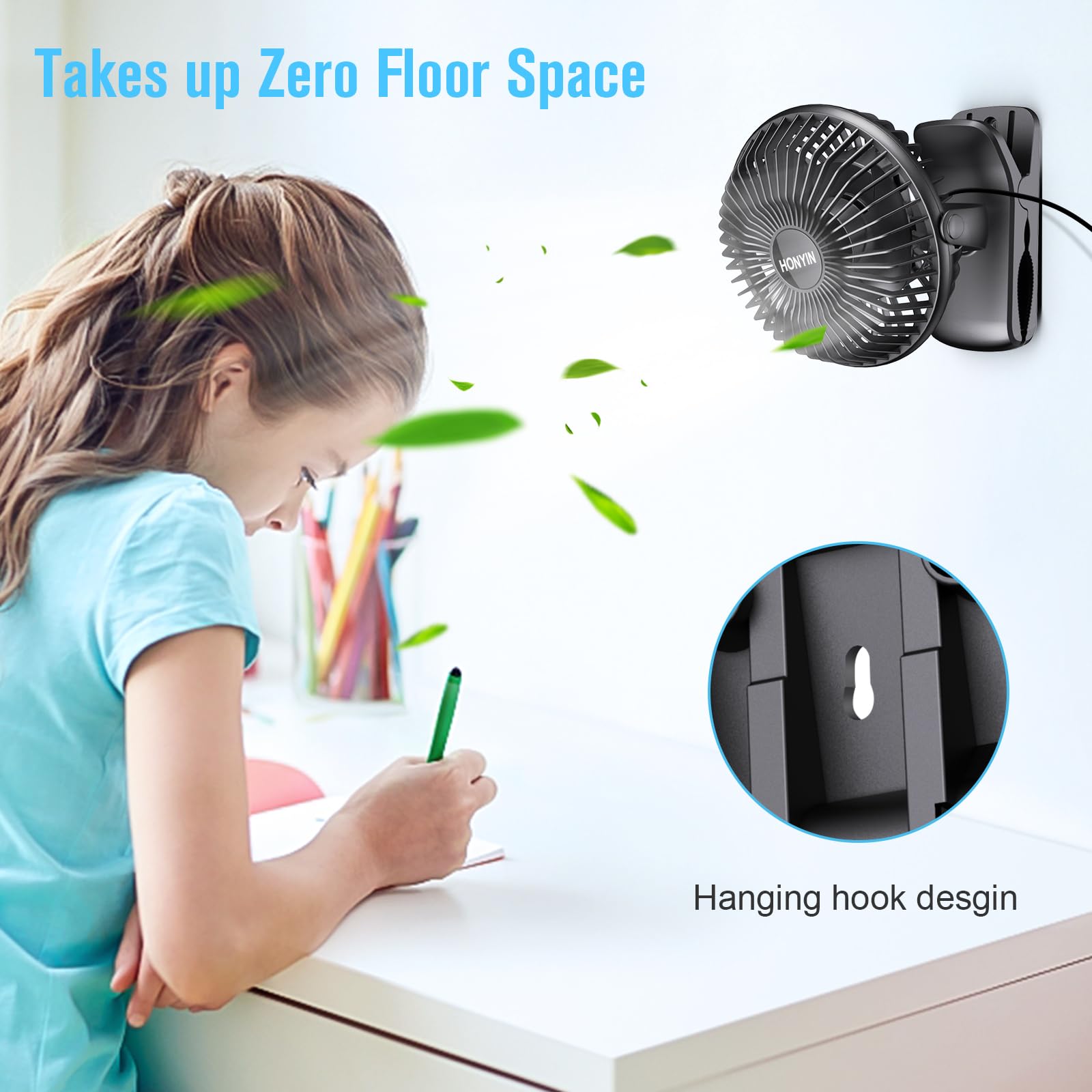 HONYIN Clip on Fan, 720° Rotation Small Desk & Clip Fan, Personal Cooling Fan with Sturdy Clamp, 3 Speeds, Quiet Little Fan by USB Plug In, for Bedroom Office Desktop Treadmill