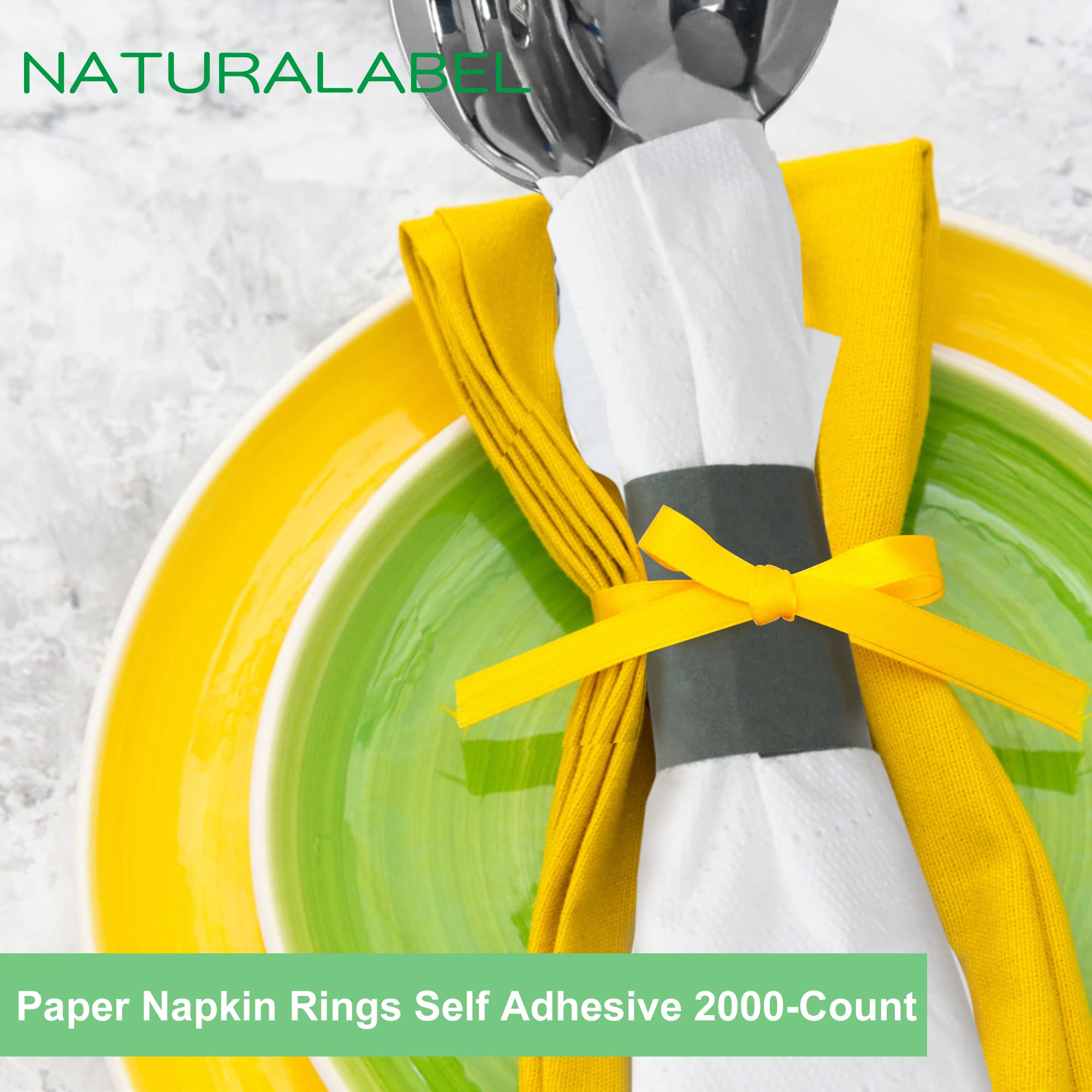 NATURALABEL Self-Adhesive Napkin Bands for Wrapping Silverware - Pack of 2,000, Paper Napkin Rings for Family Reunion, Birthday Party, Wedding, Celebration (Black)