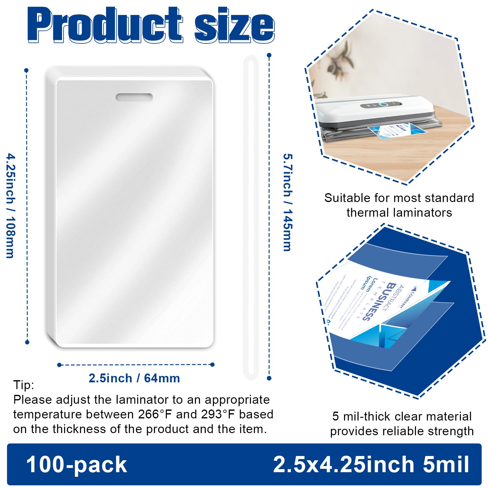 100 Pack 5 Mil Laminating Pouch with Clear Loop 2 1/2" x 4 1/4" Luggage Tag Laminating Pouches with Slot Hole Thermal Laminate Pouch Tags Kit Resealable for Work Permits Pass Cards Student ID Cards